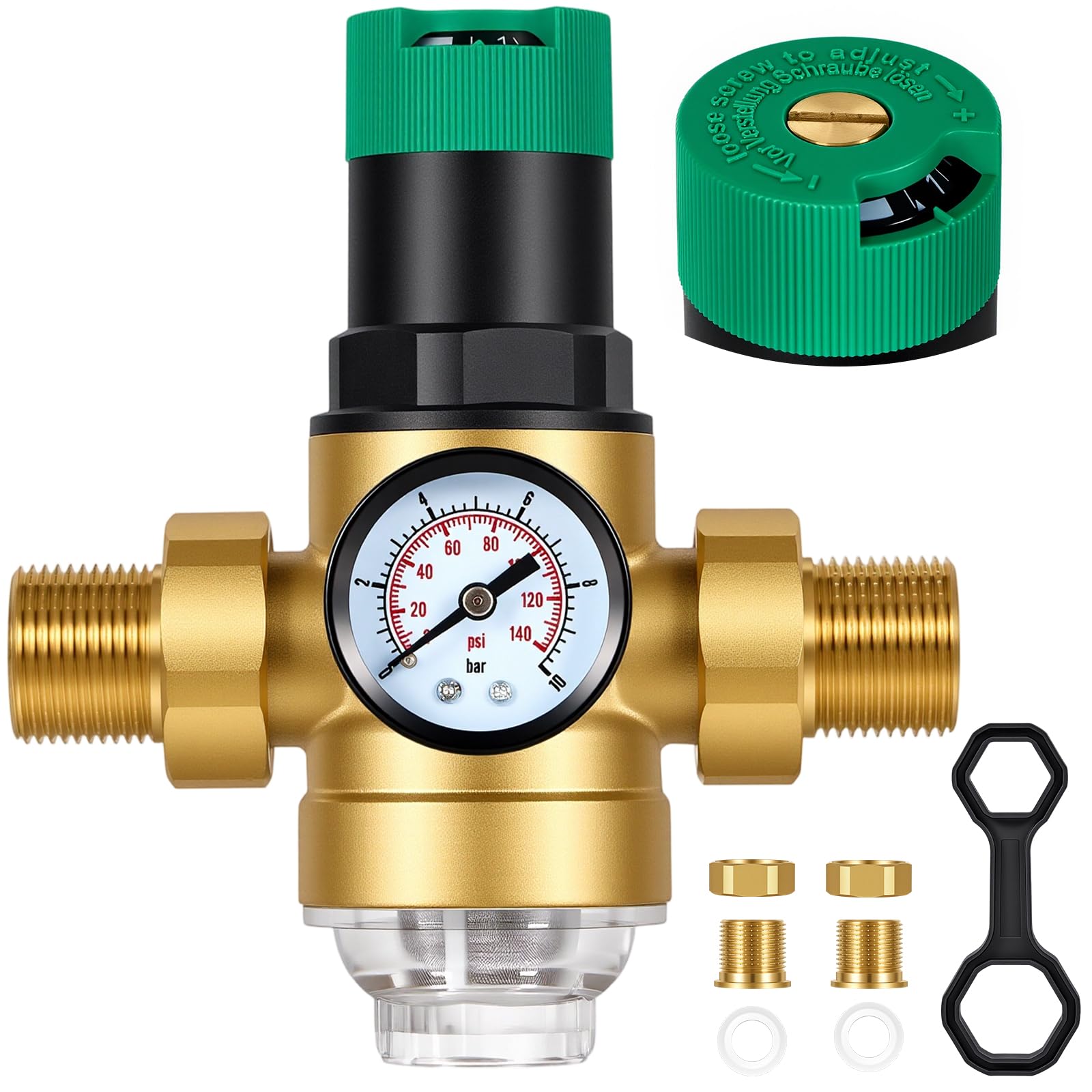 3/4 Pouce Reducteur de Pression Eau, Limiteur de Pression en Laiton Épaissi avec Manomètre et Filtre à Mailles, Régulateur de Pression d’Eau pour Maison, Bâtiment, Usine, Jardin, Chauffage Gaz