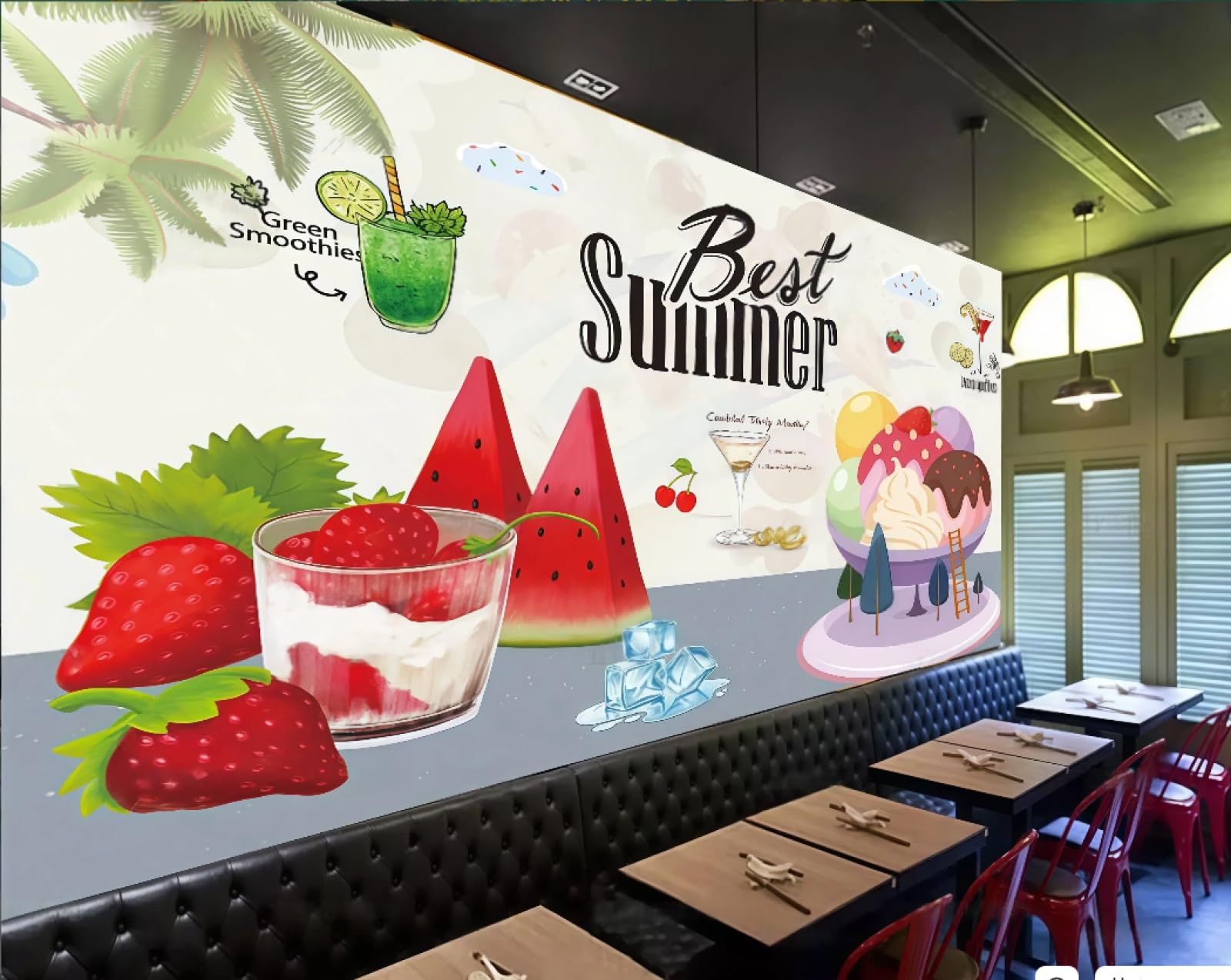 rskjdghshd Wallpaper Fashion Hand-Painted Fruit Summer Juice Ice Cream Drink Shop Bar Western Restaurant Background Wall Mural Afternoon Tea Coffee Shop Wallpaper,3D,430x300cm