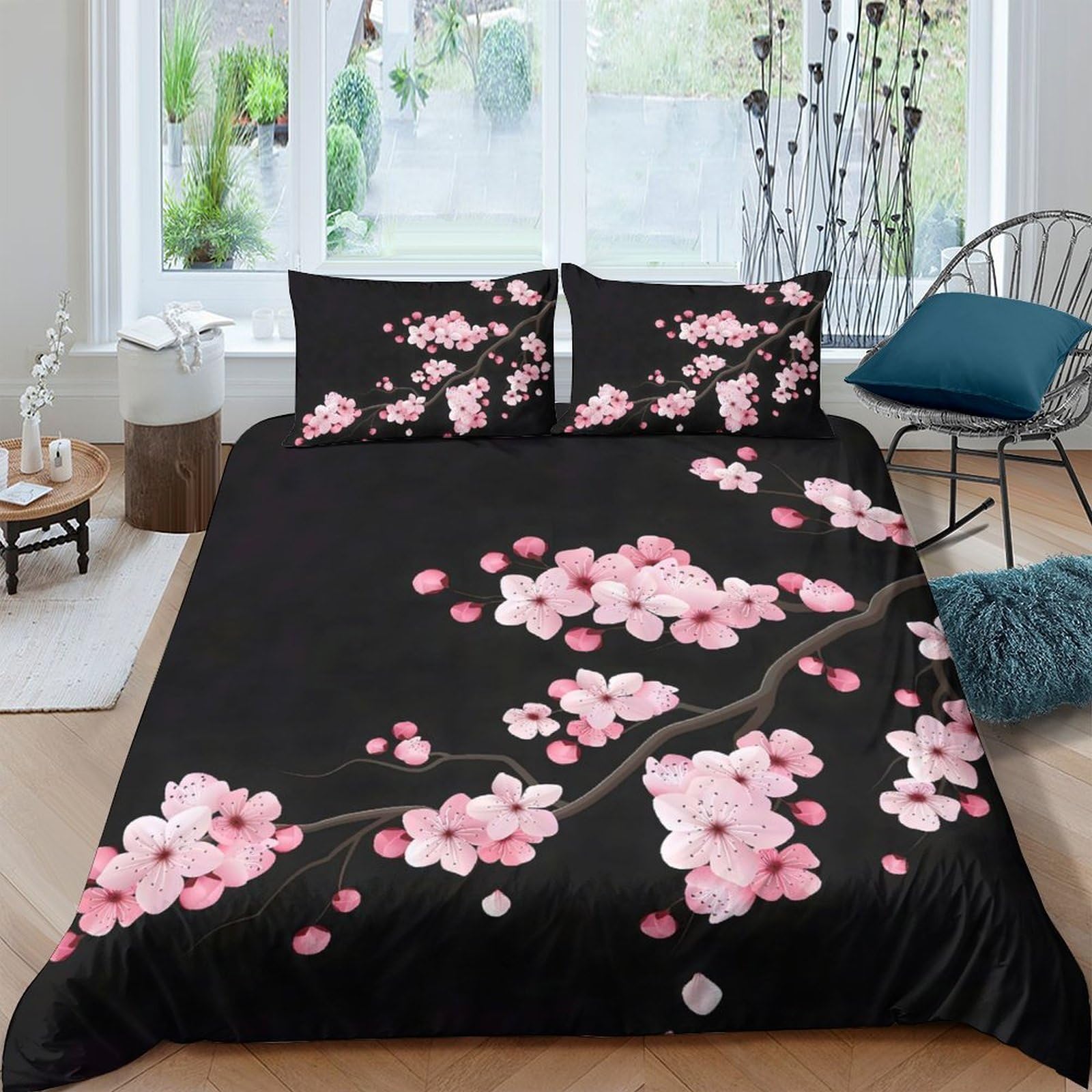 GPLZQXKJNH 3D Printed Sakura Blossom Duvet Cover Set Microfiber Soft Breathable Cherry Branch Bedding with 2 Pillowcases for Bedroom Decor Single（135x200cm）