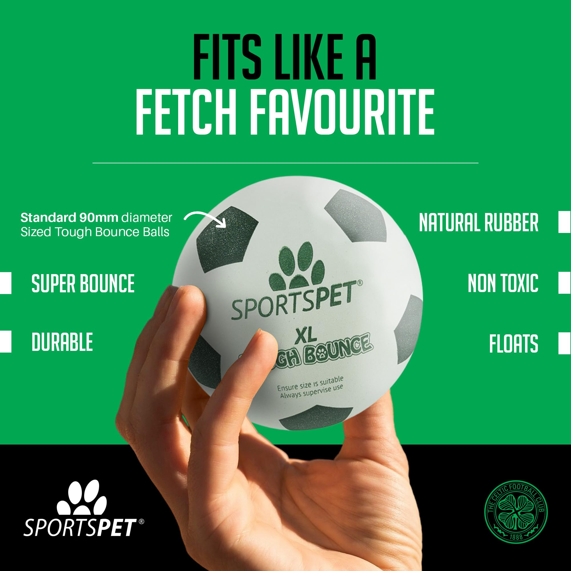 SPORTSPET x Celtic XL Tough Bounce Dog Balls, Green, White, 90mm - Image 3