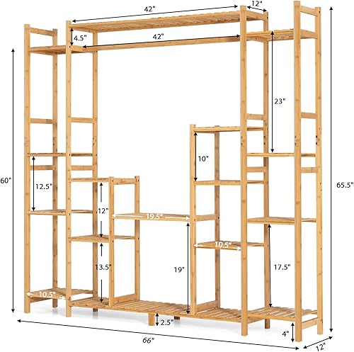 Miniatura 7 de COSTWAY Soporte de bambú para plantas, con estante colgante y dispositivo antidumping, estante 2 en 1 para plantas alto-bajo, soporte de esquina