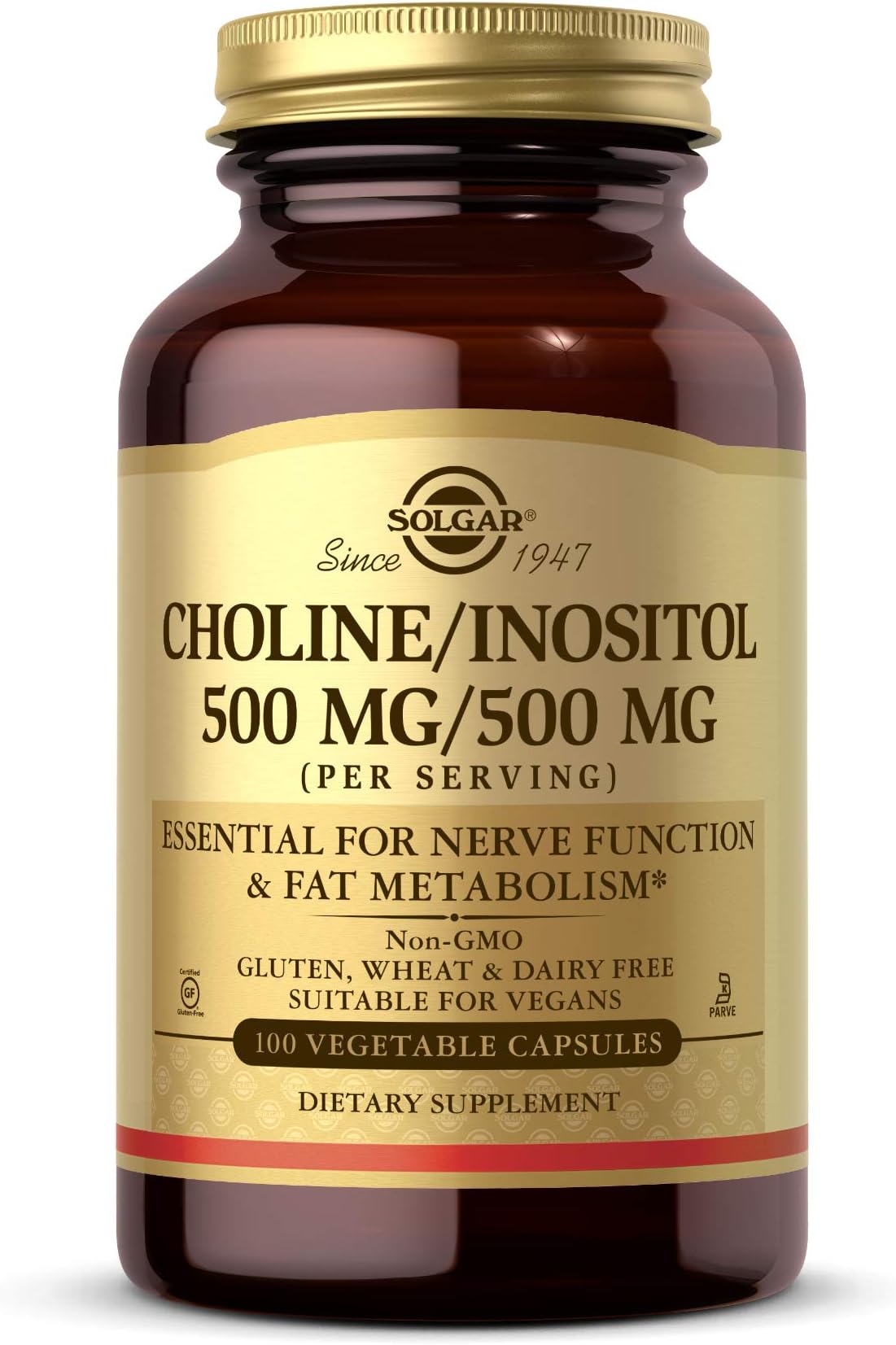 Solgar Choline/Inositol 500 mg/500 mg, 100 Vegetable Capsules - Energy Metabolism, Liver Health, Essential for Brain & Nerve Function - Non-GMO, Vegan, Gluten Free, Dairy Free, Kosher - 50 Servings