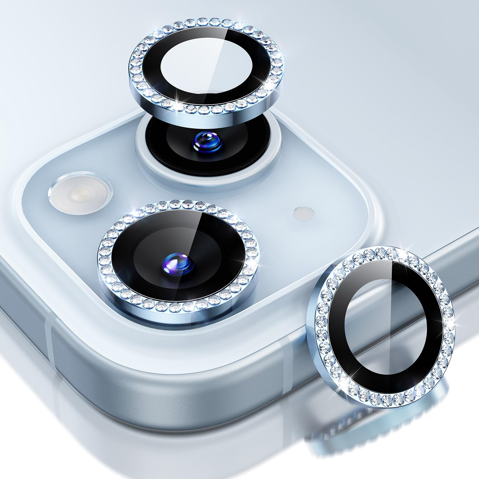 ESR 2 Pack Camera Lens Protector for iPhone 15/15 Plus/14/14 Plus, Ultra-tough HD Individual Lens Protectors, Scratch Resistant, Ultra-thin Tempered Glass, Armorite Series, Rhinestone Blue