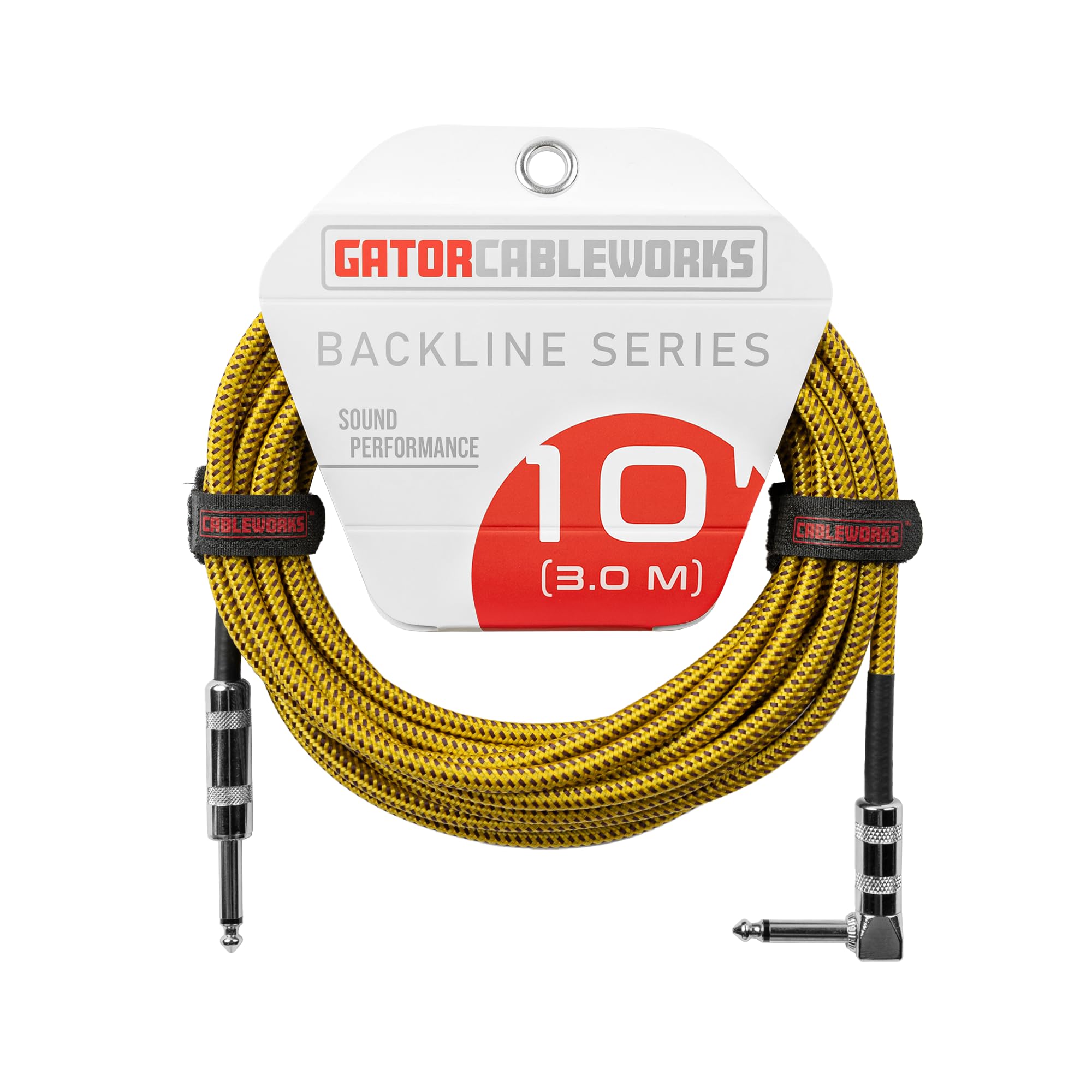 Cableworks Gator Cases Backline - Cable trenzado de instrumento de 10 pies, recto a ángulo recto, marrón/amarillo (GCWB-INS-10RABRY)