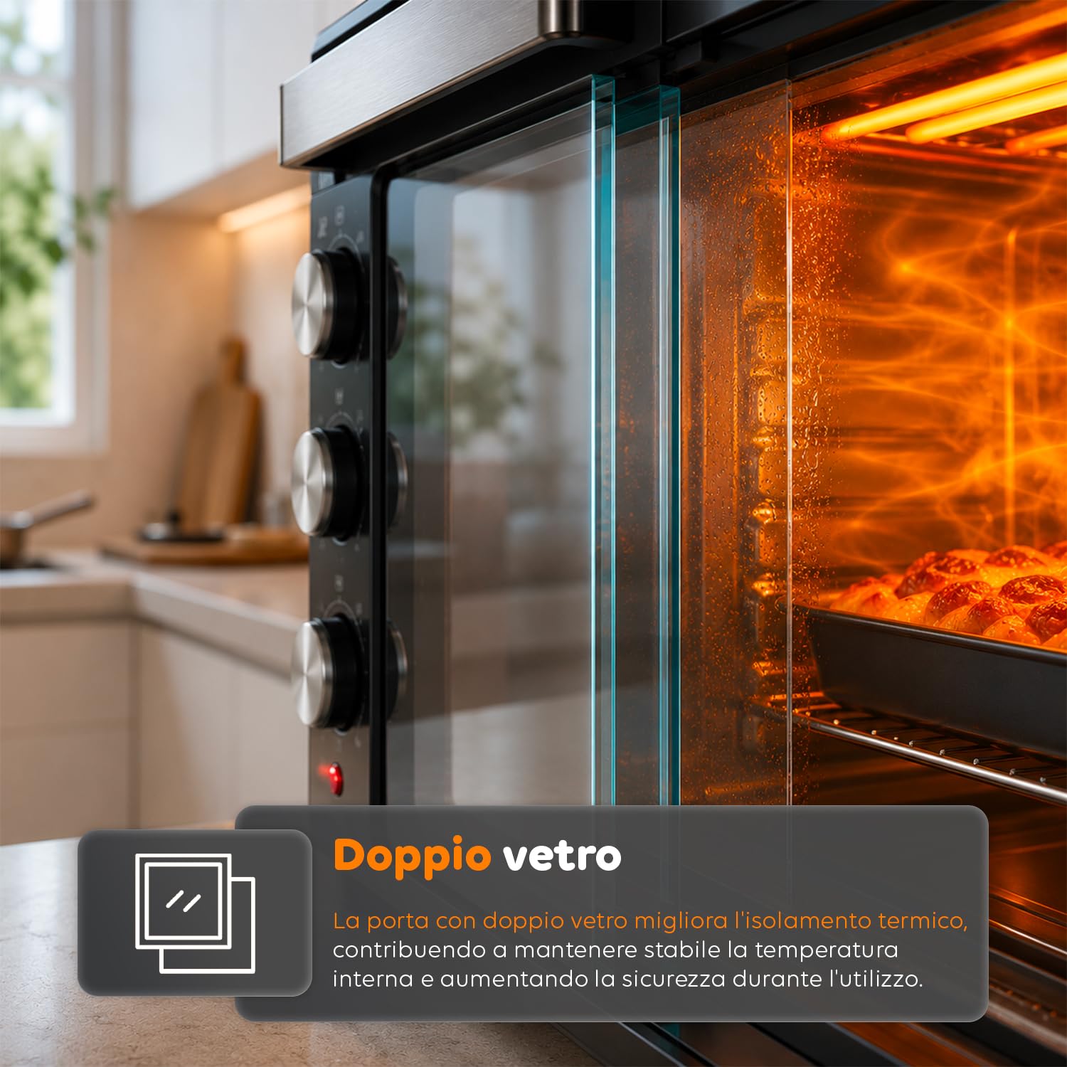 WINTEM Forno Elettrico da Banco 45 Litri Multifunzione Ventilato — Fornetto Elettrico con Timer, Doppio Vetro, Grill e Teglia in Acciaio Inox, 1800W