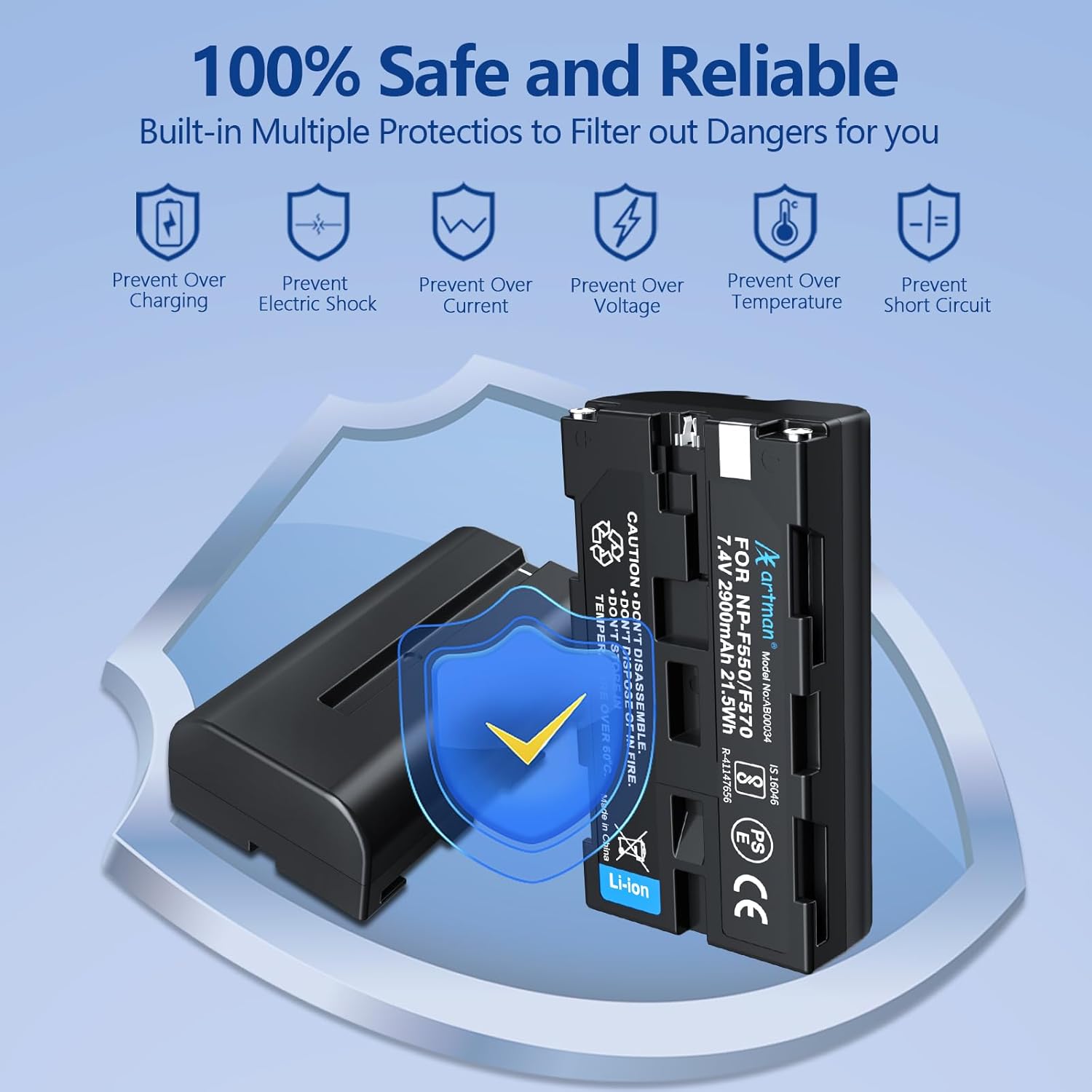 Artman NP-F550 Battery and Dual USB Charger for Sony NP-F970 F750 F550 F330 F530 F570 F770 F960, CCD-SC55, TR516 TR716 TR818 TR910 TR917, Battery for LED Light, Monitor, Camera Slider (2-Pack 2900mAh)