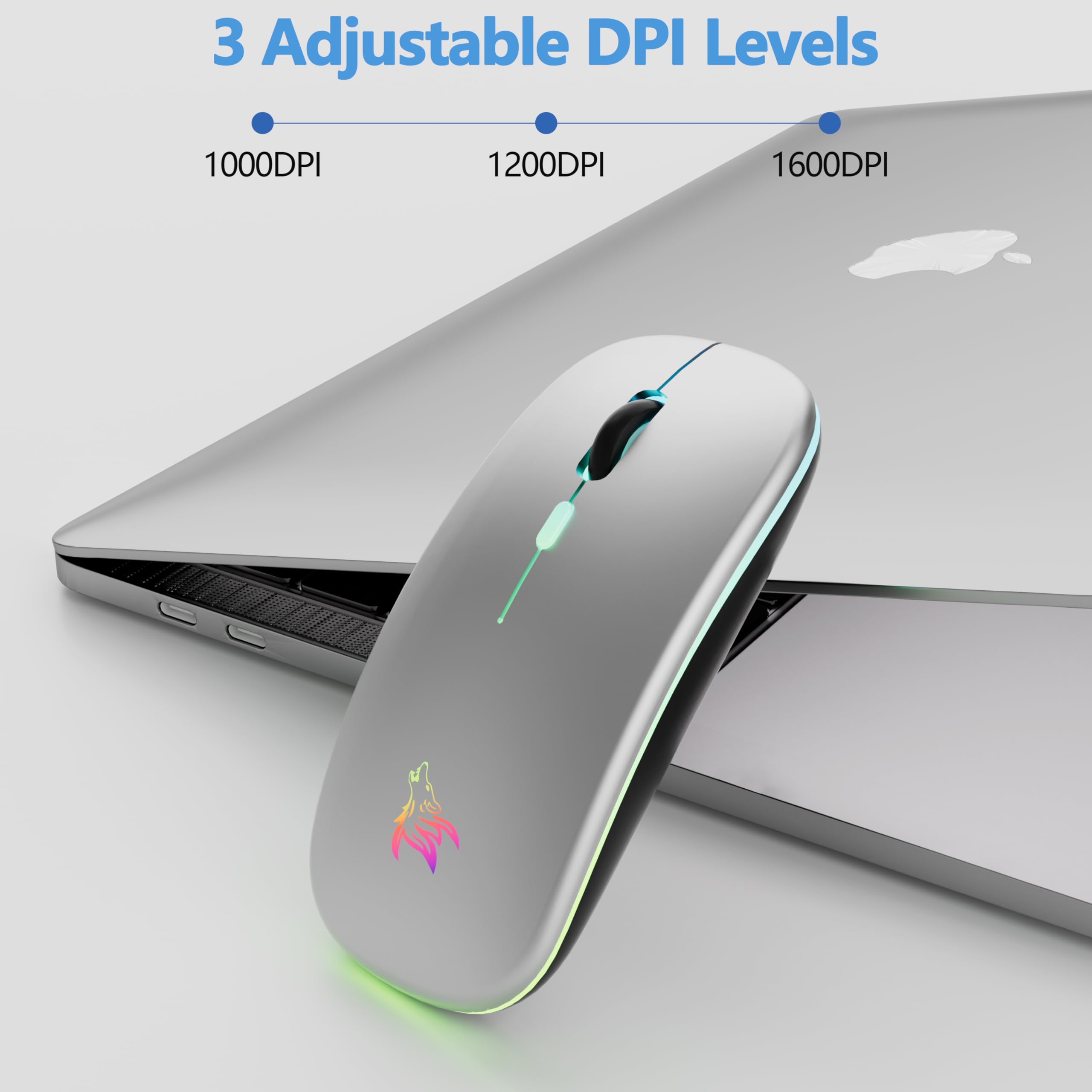 TQQ Mouse wireless ricaricabile, mouse retroilluminato a 7 colori con mini ricevitore USB da 2,4 GHz, mouse gaming, compatibile con laptop, PC, computer, Chromebook, Notebook e iPad Etc