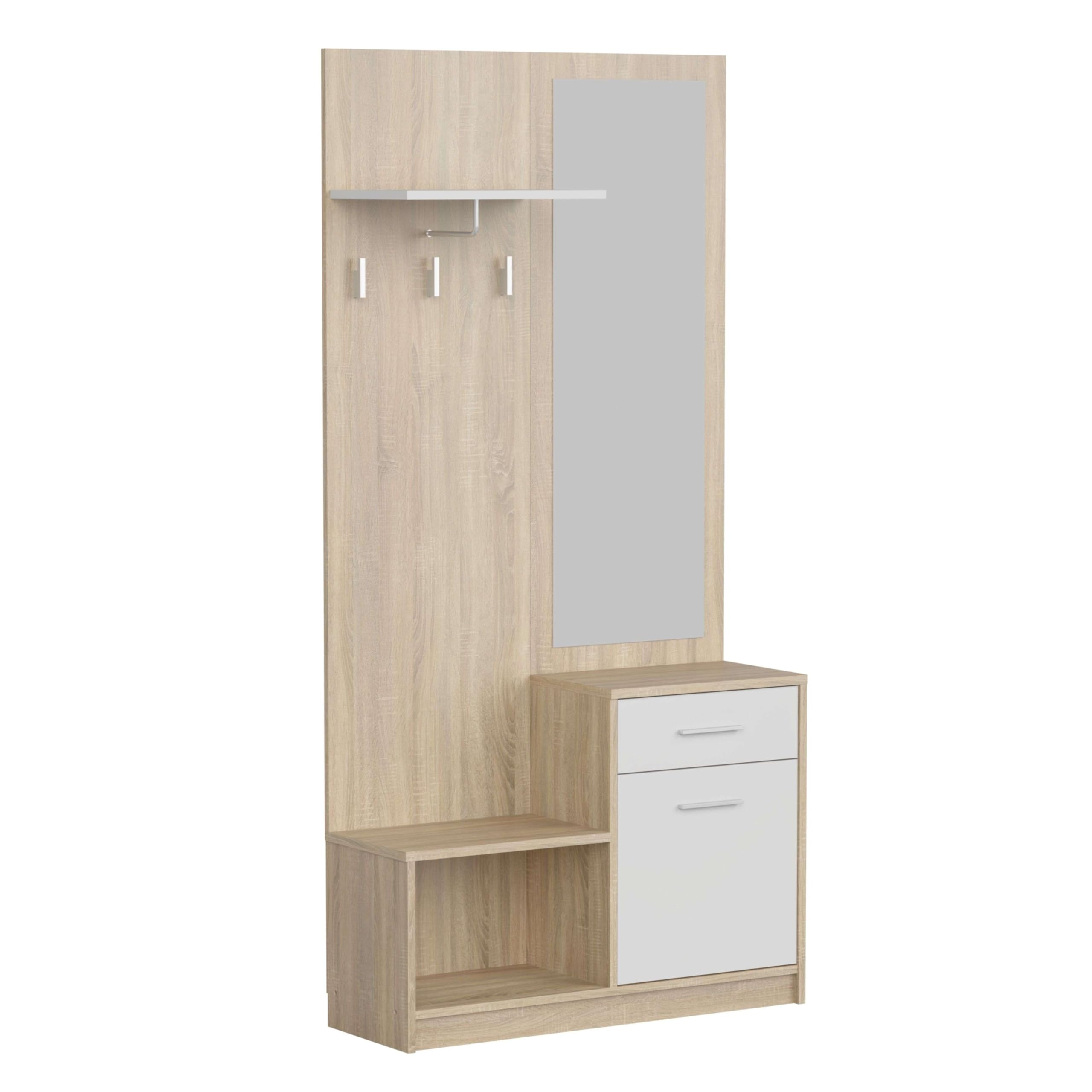 Miroytengo Mueble Recibidor con Espejo Sett 1 Cajon 1 Puerta 1 Estante 1 Hueco Abierto Color Blanco y Roble Cambrian 90 cm