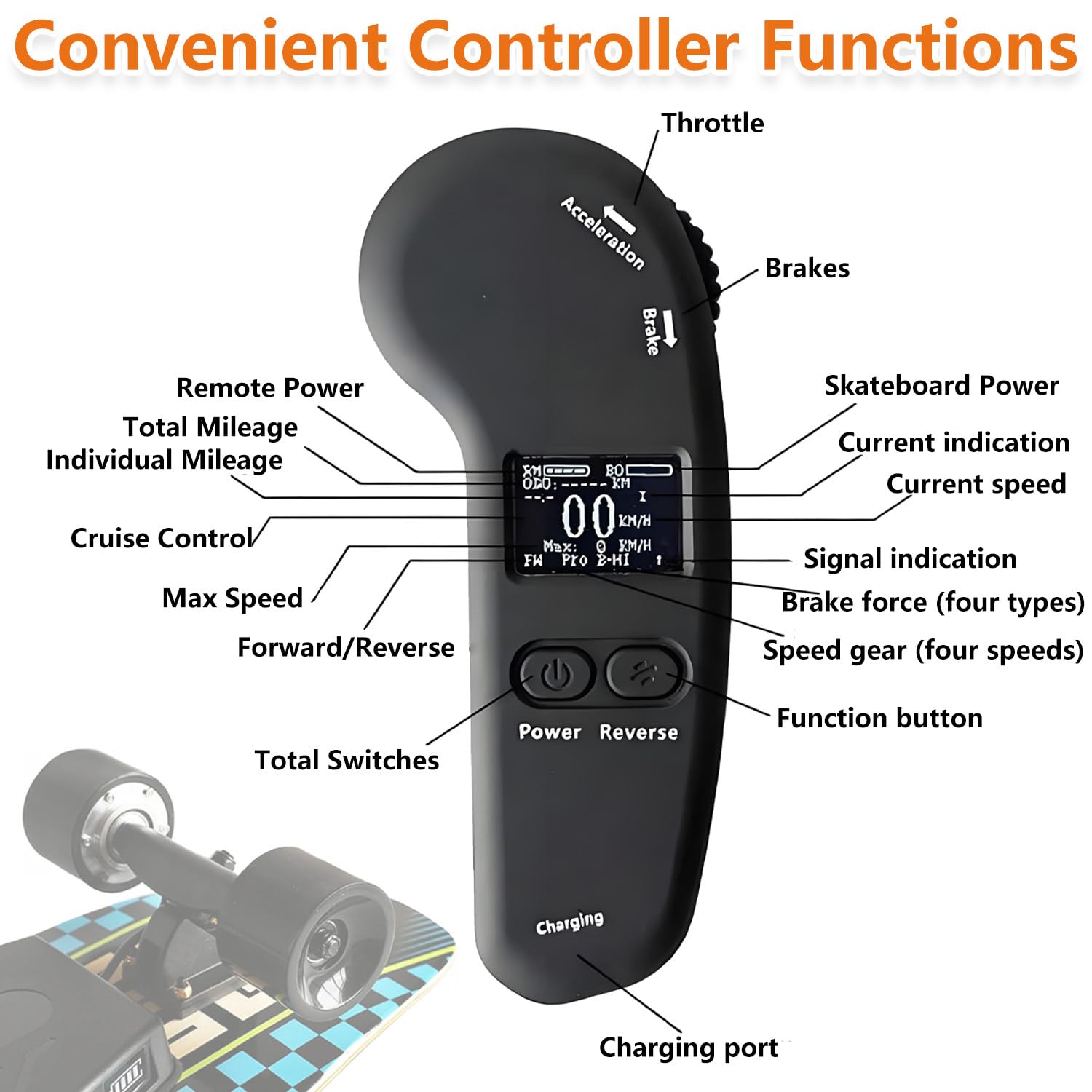 Skateboard électrique avec télécommande, charge maximale 150 kg, portée max 26 km, vitesse maximale 22 km/h, idéal pour adultes et adolescents, parfait pour les débutants