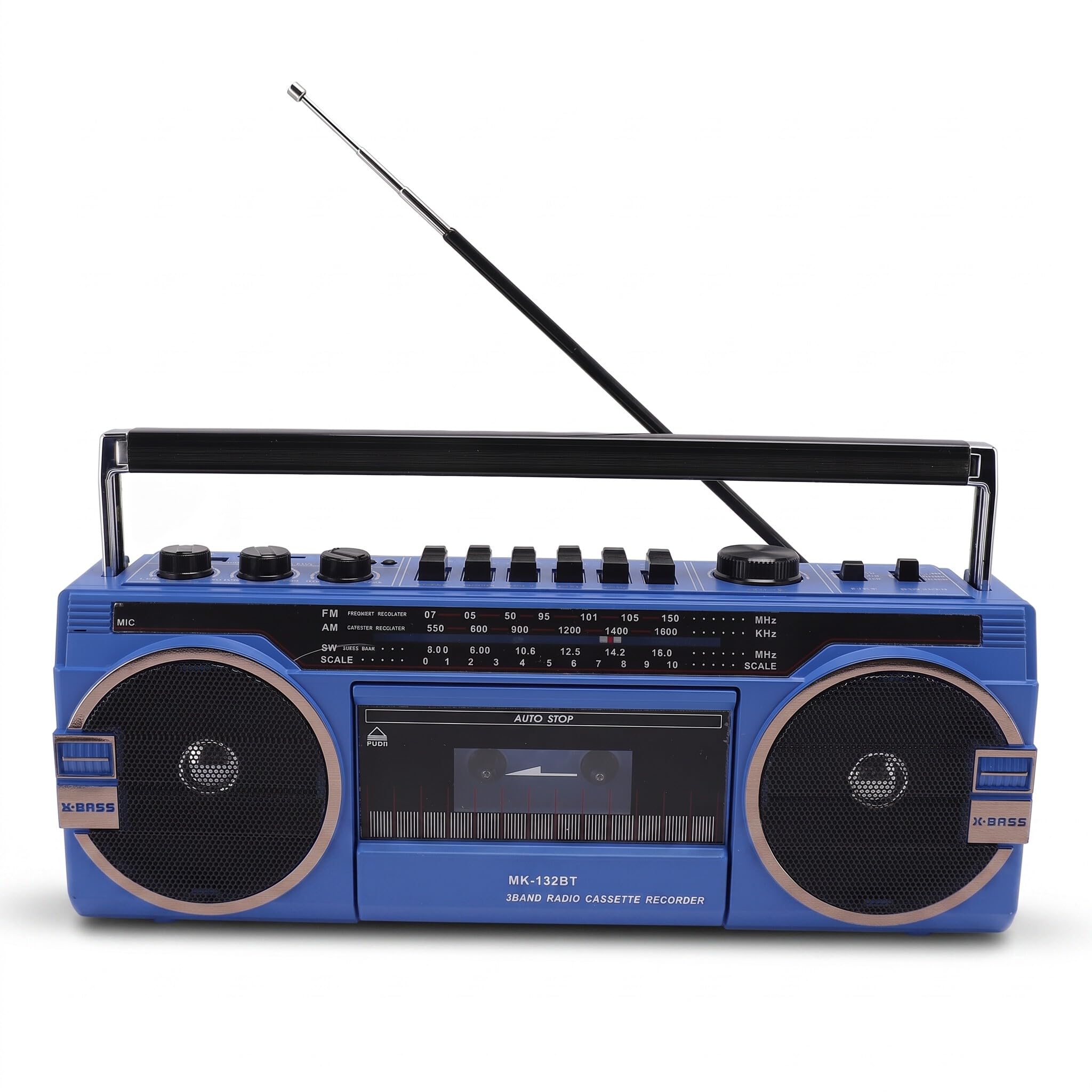 Boombox kasetowy, Retro Blueooth Boombox z wejściem USB, SD i AUX 3,5 mm, odtwarzacz i magnetofon AM FM SW (niebieski)