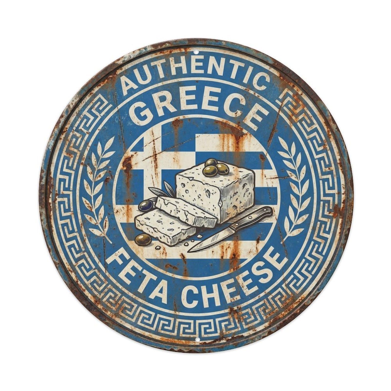 Olhnbad Style Greece White Cheese Travel Dairy Cuisine Metal Tin Sign