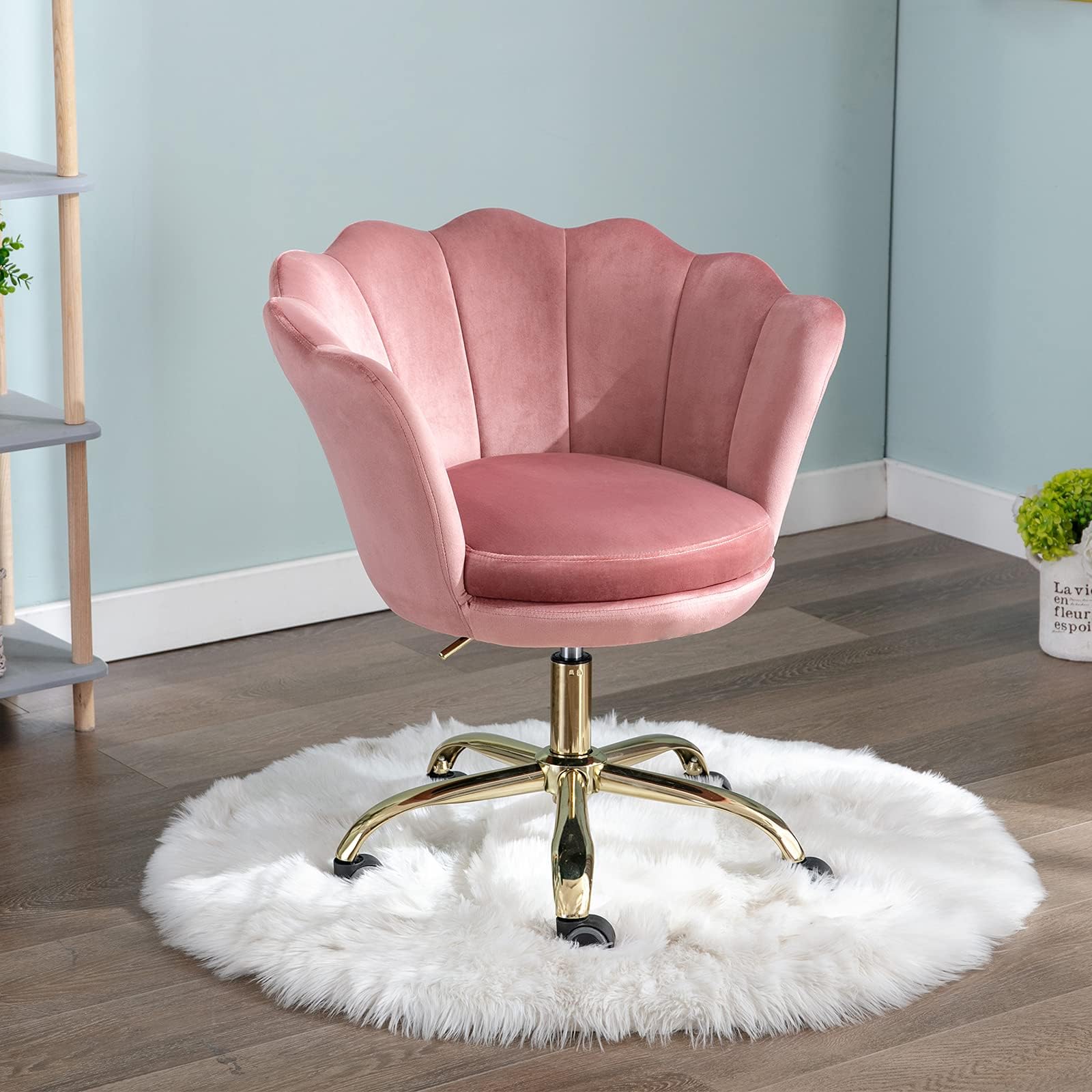 Wahson Velvet Home Office Swivel Task Chair - Height Adjustable, Armless with Gold Base - Desk Chair for Bedroom/Vanity (Pink, Velvet)