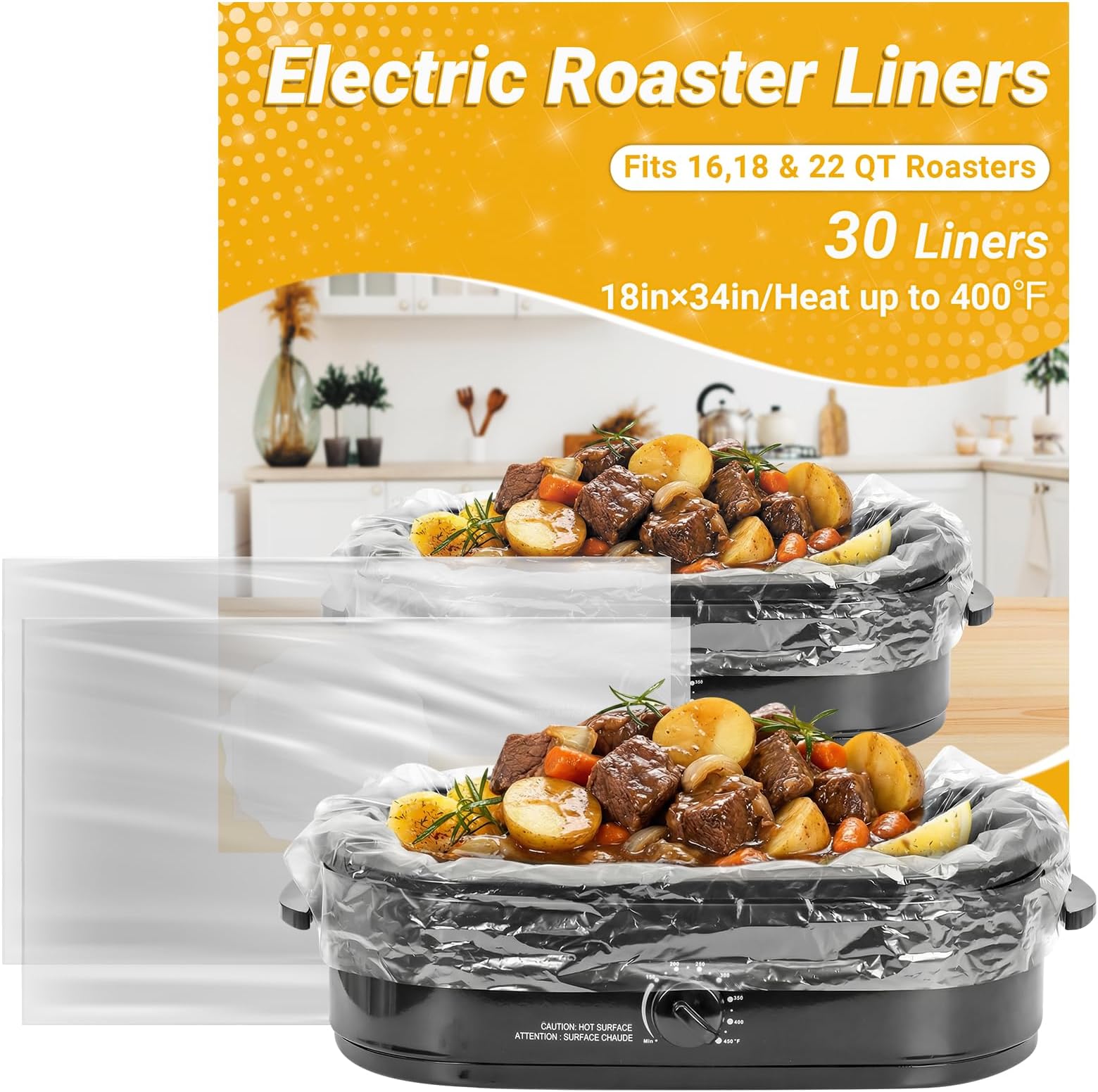 30 Count Electric Roaster Liners, Fits 16, 18, 22 Quart Roasters, Roaster Pan Oven Liners Plastic Cooking Bags for Instant Cleanup, 18 x 34 Inch