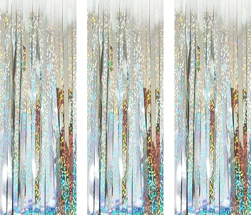 AILEXI 3 Pack Rideaux De Clinquant Métalliques Feuille Frange Miroitement Banderoles Décoration De Fenêtre Porte Rideau pour Fête Fournitures 3"* 8"(1 * 2.5m)- Laser Argent Cover