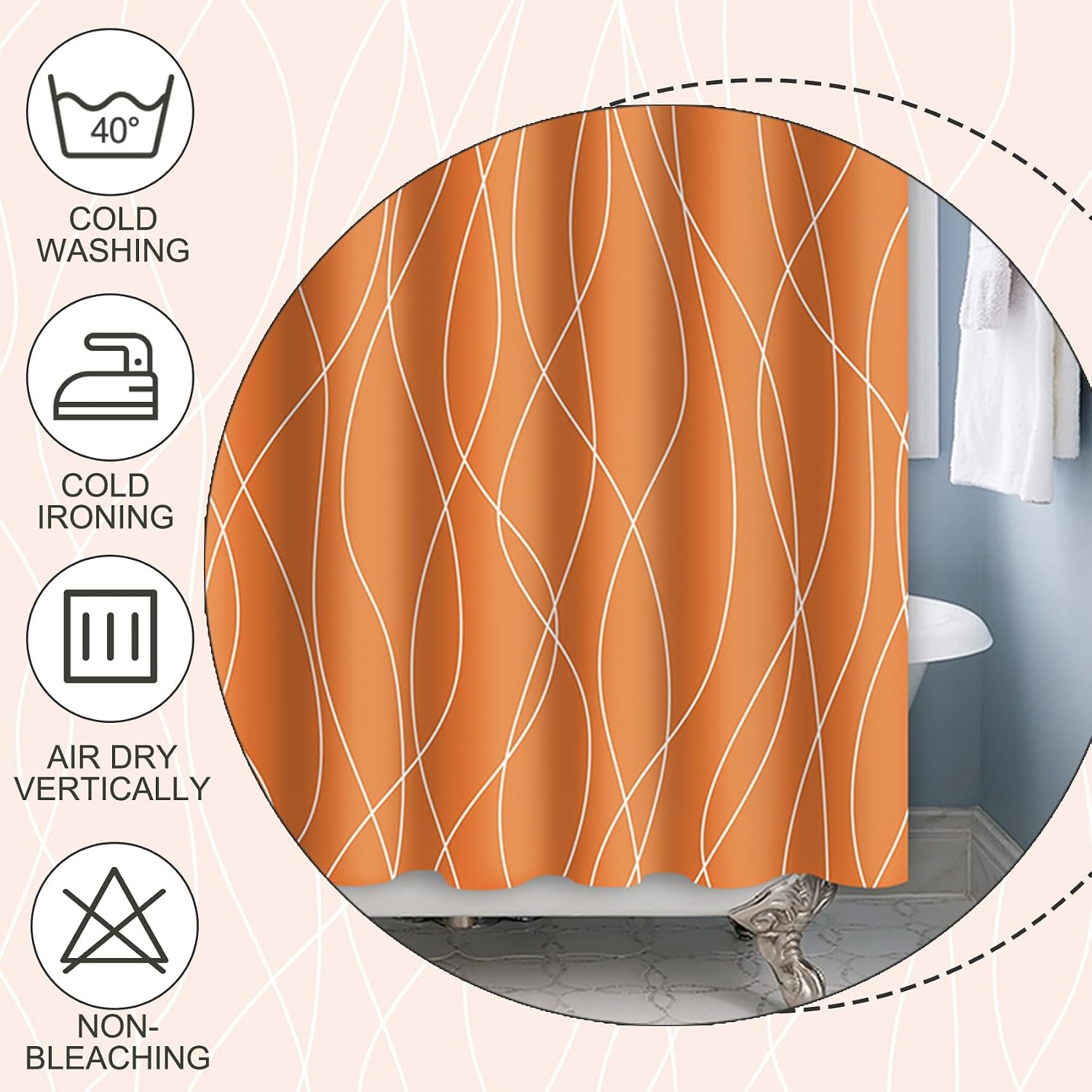Orange Modern Abstract Stripes Shower Curtain Set with Hooks 48x72 Inches image 4