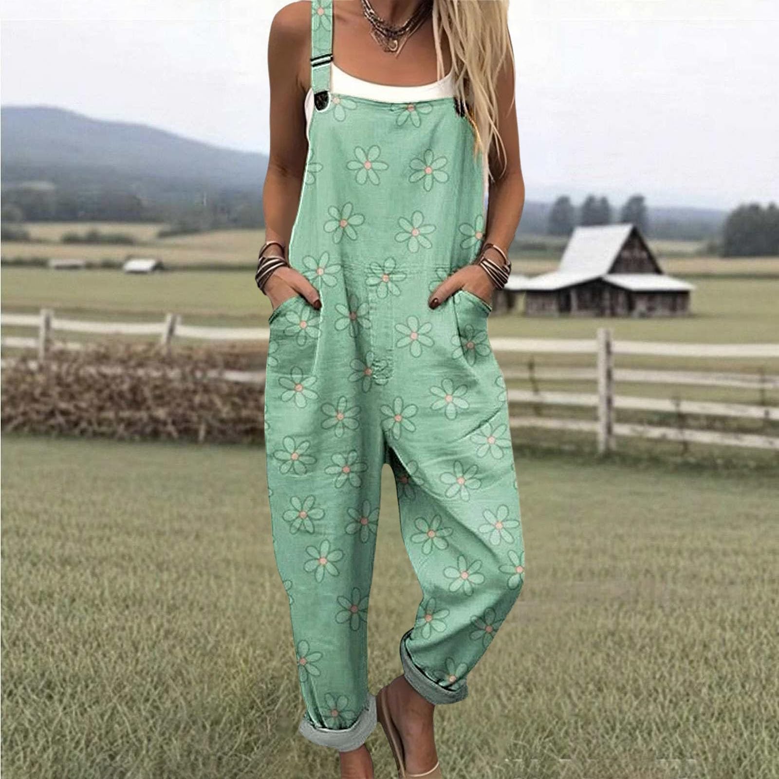 Salopette Donna Estiva Lunga Elegante Tuta Jumpsuit Intera Curvy Casual Moda Stampa Jumpsuits Comoda Larga Pantaloni Da Lavoro Con Tasca Leggera Baggy Salopettes da Casa Playsuit Mare