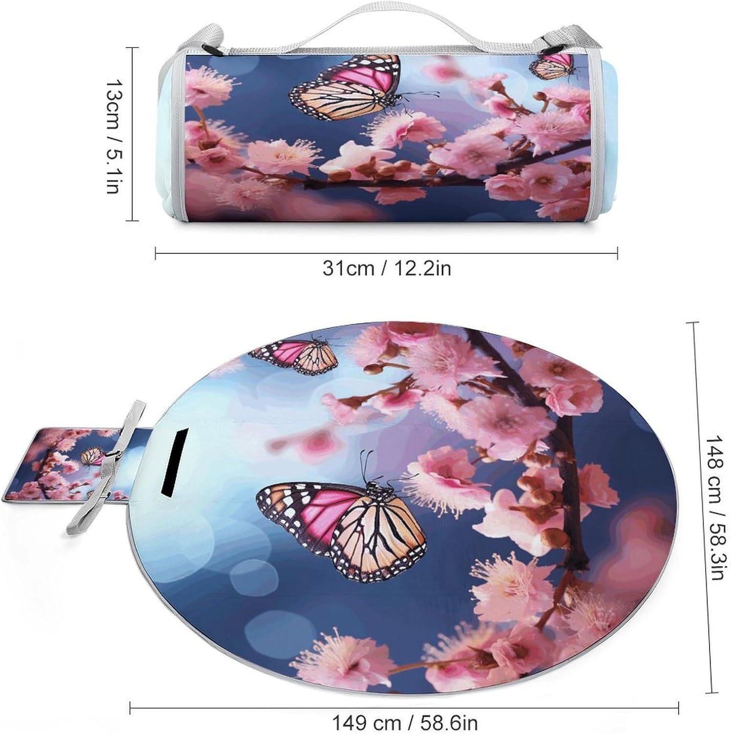 Pink Flowers Butterflies Picnic Mat Lightweight Waterproof Picnic Blankets Extra Large Picnic Outdoor Blankets Foldable Sandproof Beach Blanket for Park Beach Camping Courtyard 58.3''x58.3''