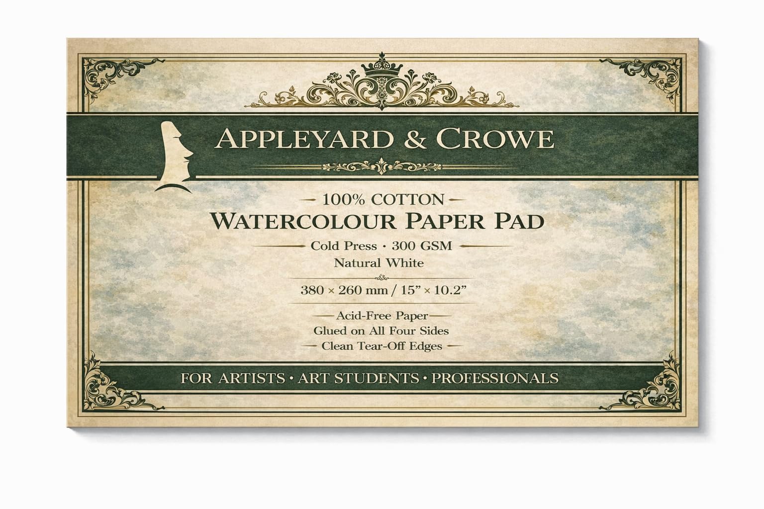 Appleyard & Crowe Blocco di carta per acquerelli, 100% cotone, 300 g/m², stampa a freddo, 380 × 260 mm, senza acidi, bianco naturale, incollato su quattro lati