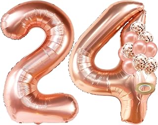 Rose Gold Number 24 Balloon for 24th Birthday - Large, 40 Inch | Rose Gold Confetti Balloons | Happy 24th Birthday Decorations for Women | 24 Balloons Number for 24 Years Old Birthday Party Supplies