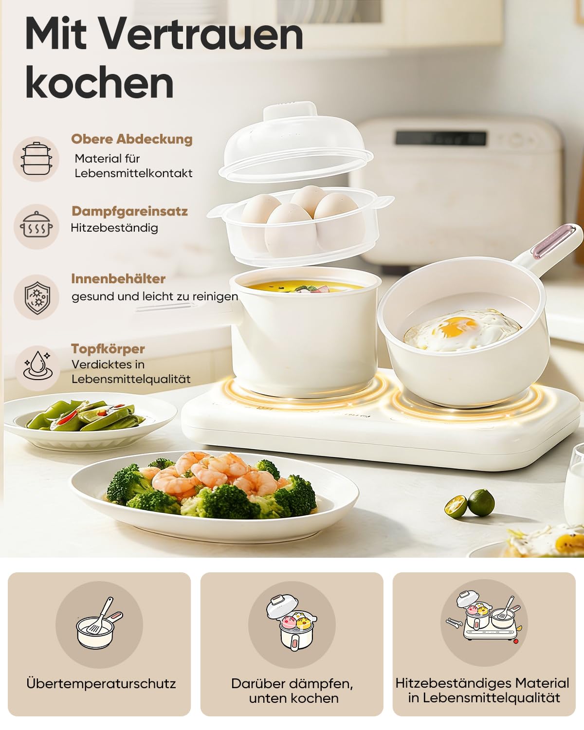Hot Pot électrique à double plaque de cuisson - Mini multicuiseur électrique - Avec cuiseur vapeur et marmite à soupe - Compact, facile à nettoyer - Beige
