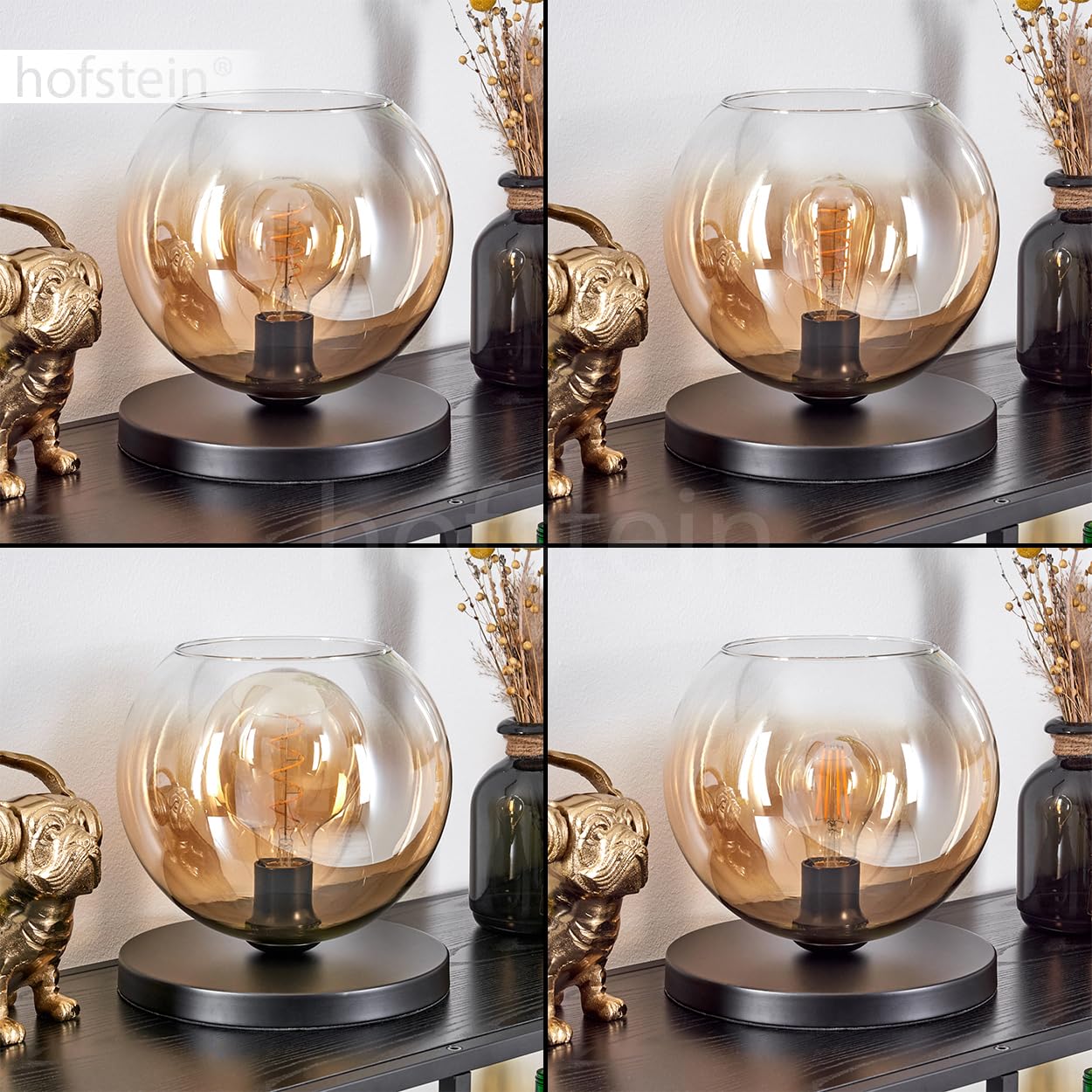 HOFSTEIN Lampada da tavolo Koyoto, lampada da tavolo in metallo/vetro di colore nero/trasparente, con paralume in vetro (diametro 25 cm) e interruttore on/off sul cavo, 1 lampadina E27, senza