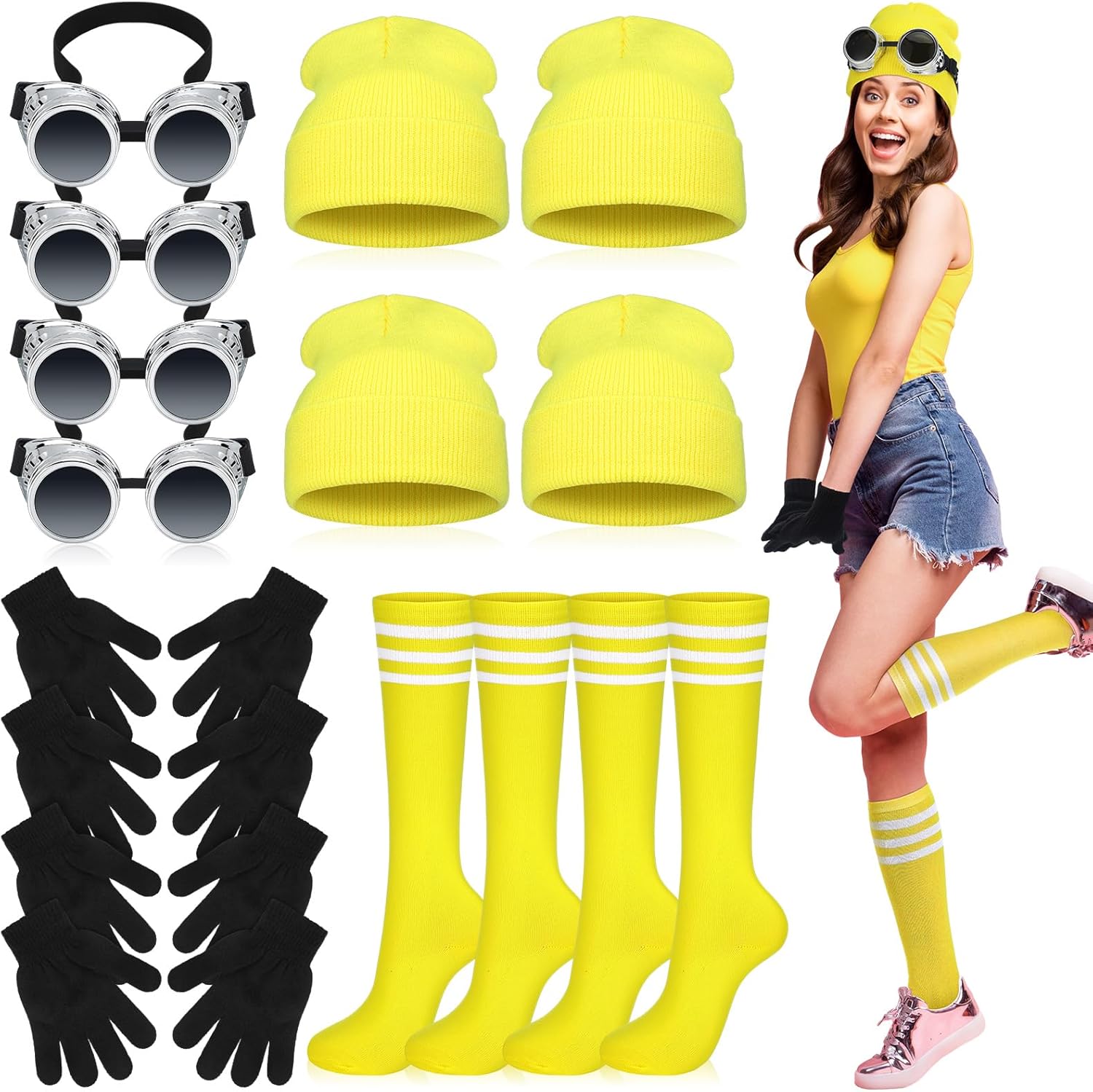 Tarpop 16 Pcs 4 Set Halloween Costume Accessories for Group Family of 4, Steampunk Goggles Yellow Hat Gloves Knee Tube Socks for Adults Men Women Halloween Party Outfit