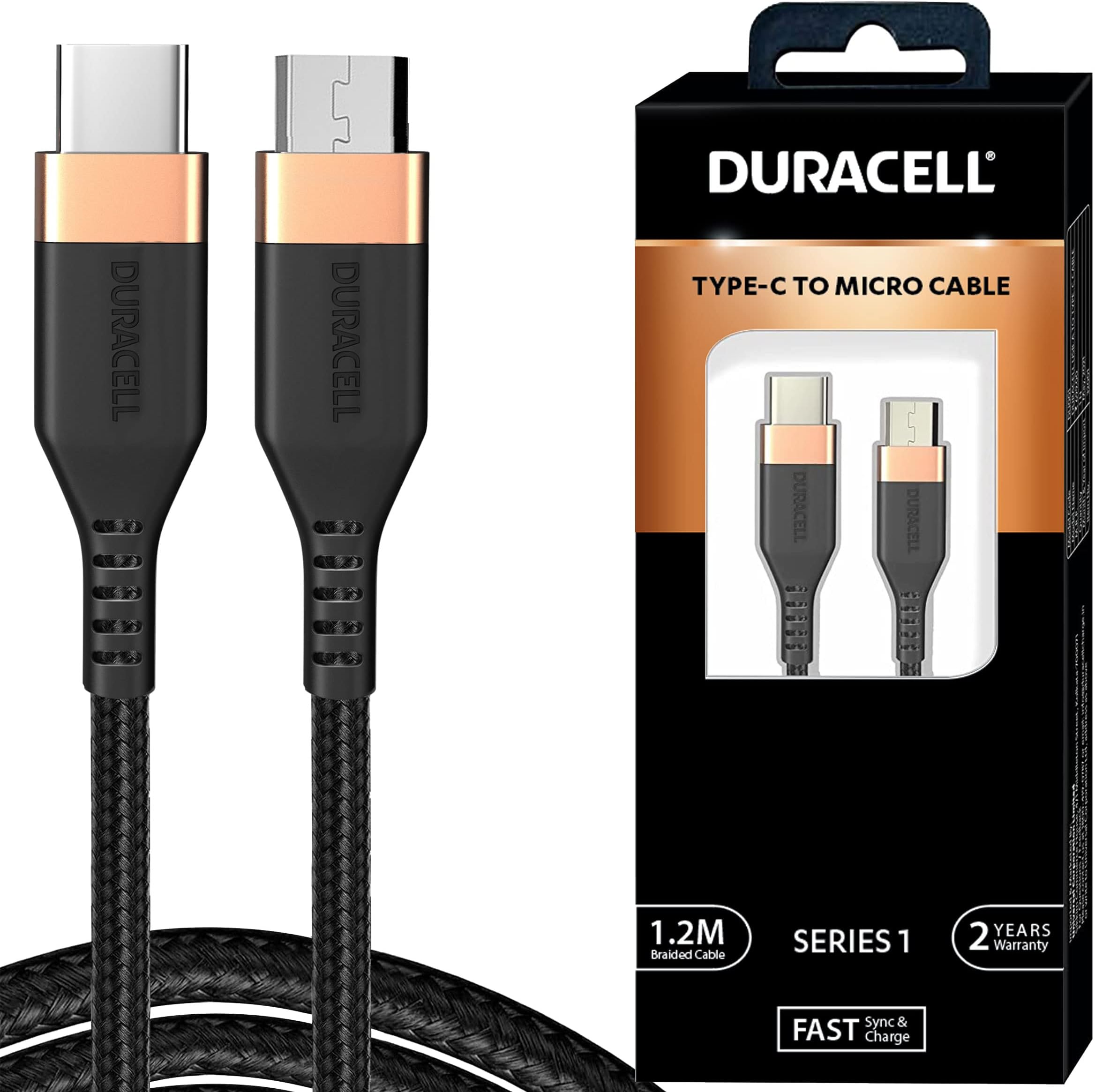 Duracell Type-C To Micro Cable, 2A Braided Sync & Quick Charging Cable, 3.9 Feet (1.2M) braided Sync & Charge Cable, Supports QC 2.0/3.0 Charging, Rapid data transmission, Series 1, Black