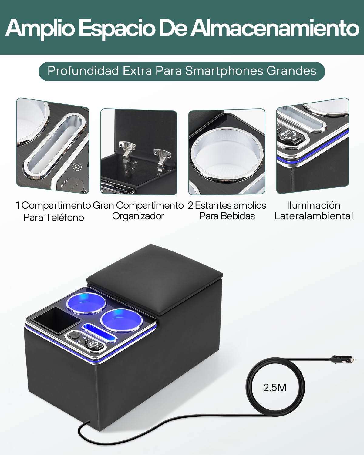 Consola Central Coche Universal con Compartimentos de Almacenamiento, Carga Inalámbrica y Luces LED de 7 Colores, para Van, SUV, Camión, Autobús y Coches de más de 4.7 m