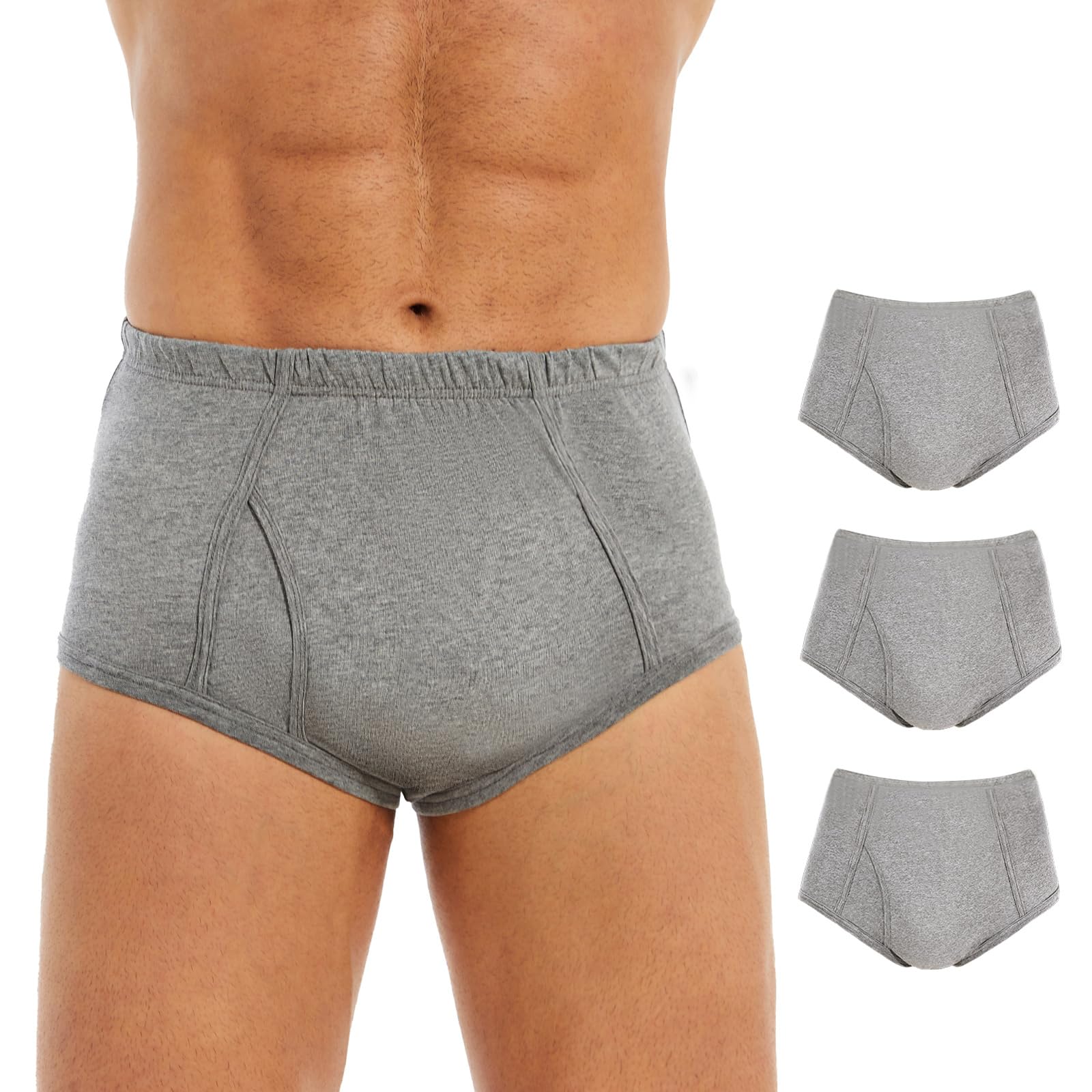 PurityLock Men's Incontinence Underwear Washable - Cotton Leak Proof Briefs with Flying, Complete Front & Rear Leakproof, 150ml Absorbency (3 Pack, Gray, M)