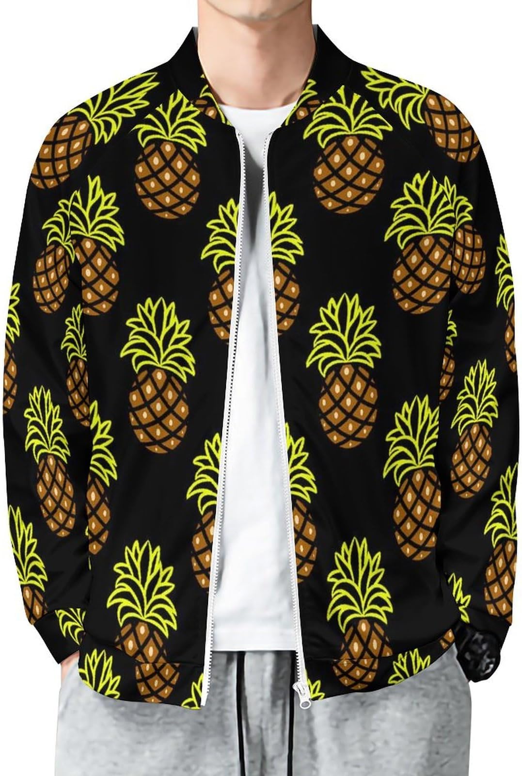 Jacket For Men Pineapples Long Sleeve Bomber Jackets Stand Collar Zip Up Varsity Jacket Lightweight Outerwear Tops