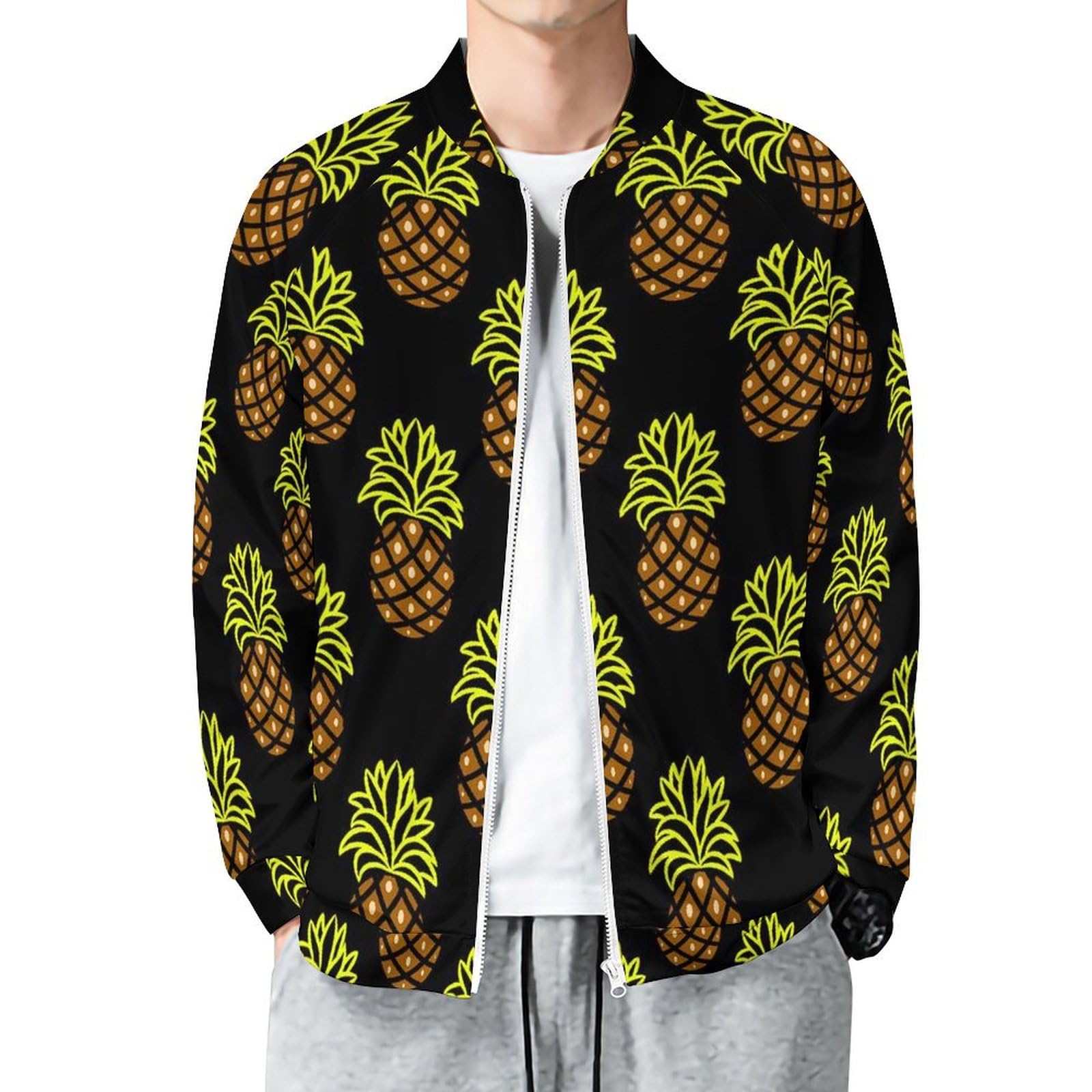 Jacket For Men Pineapples Long Sleeve Bomber Jackets Stand Collar Zip Up Varsity Jacket Lightweight Outerwear Tops
