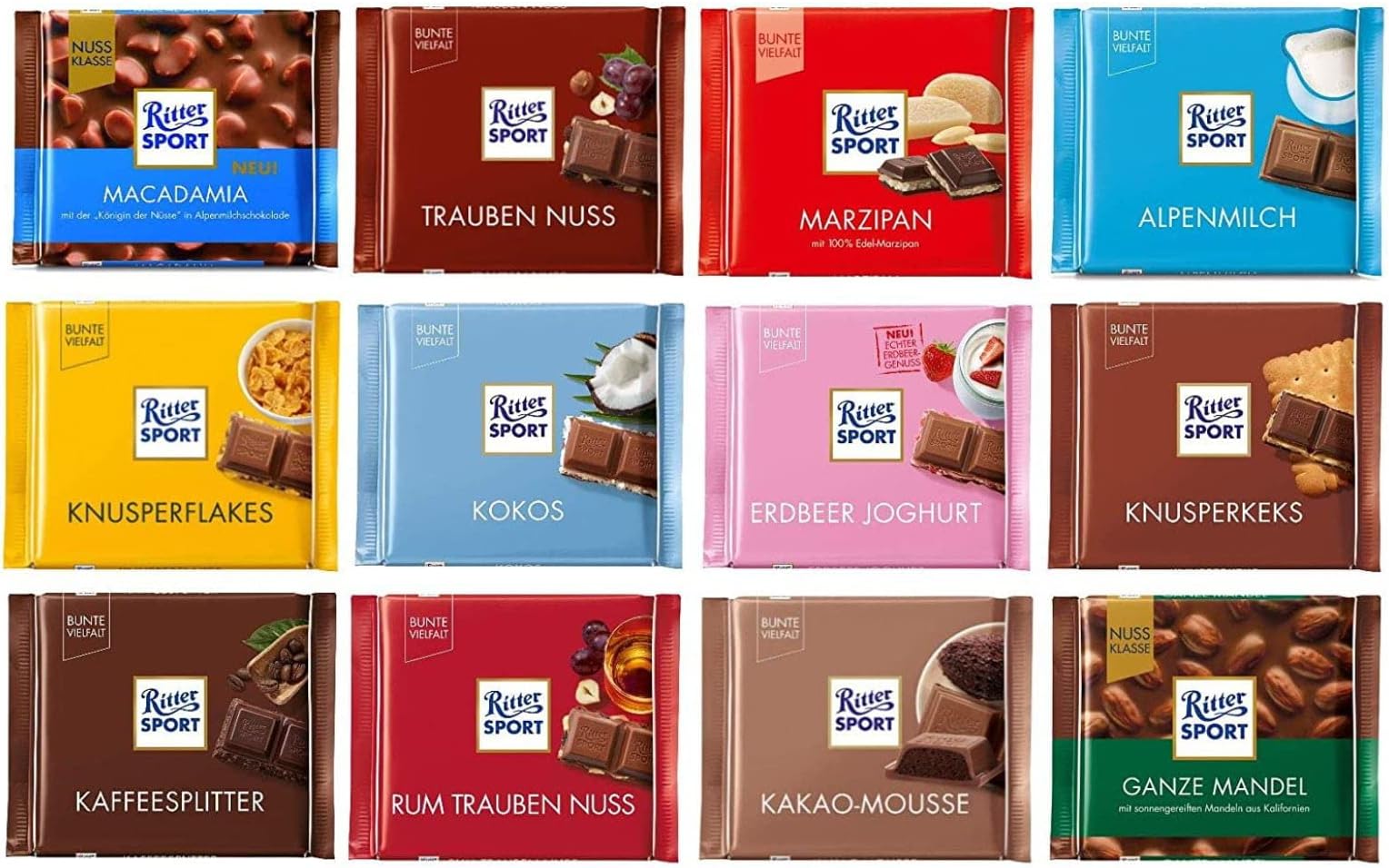 Ritter Sport - Assorted Chocolates - Randomly Selected Variety Pack - Chocolate Bars - 100g - Bundle of 12 Full Size Bars -