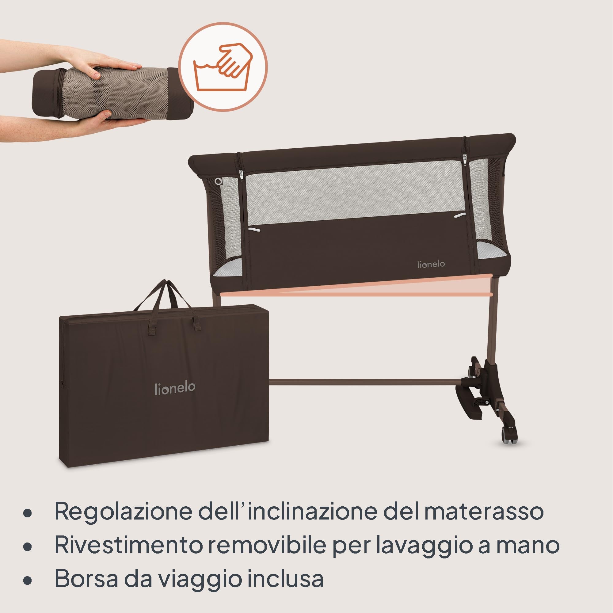 lionelo PARI Culla Co Sleeping Fianco Letto 3 in 1, Regolabile in Altezza 6 Livelli, Materasso T25 2 cm, Ruote con Blocco e Dondolo, Gambe Regolabili per Letto Continentale, Rivestimento Lavabile