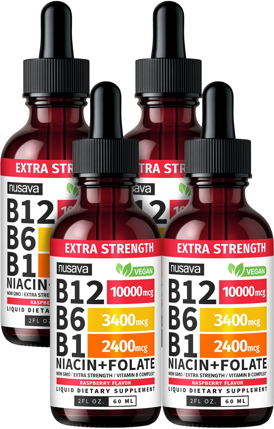 NUSAVA Suplemento líquido de vitaminas do complexo B com metilcobalamina (vitamina B12) 10000 mcg, sabor framboesa, 4 frascos de 60 mL
