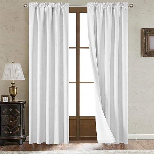 LOYOLADY Cortinas opacas de lino blanco de 102 pulgadas de largo, juego de 2 paneles de cortinas con aislamiento térmico para sala de estar,