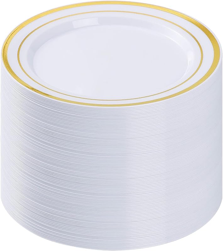 BESTVIP 100Pcs Gold Plastic Plates, 10.25 Inch Disposable Dinner Plates | Heavy Duty Dinner Dish with Rim for Christmas, Thanksgiving, Wedding, Birthday & Special Events
