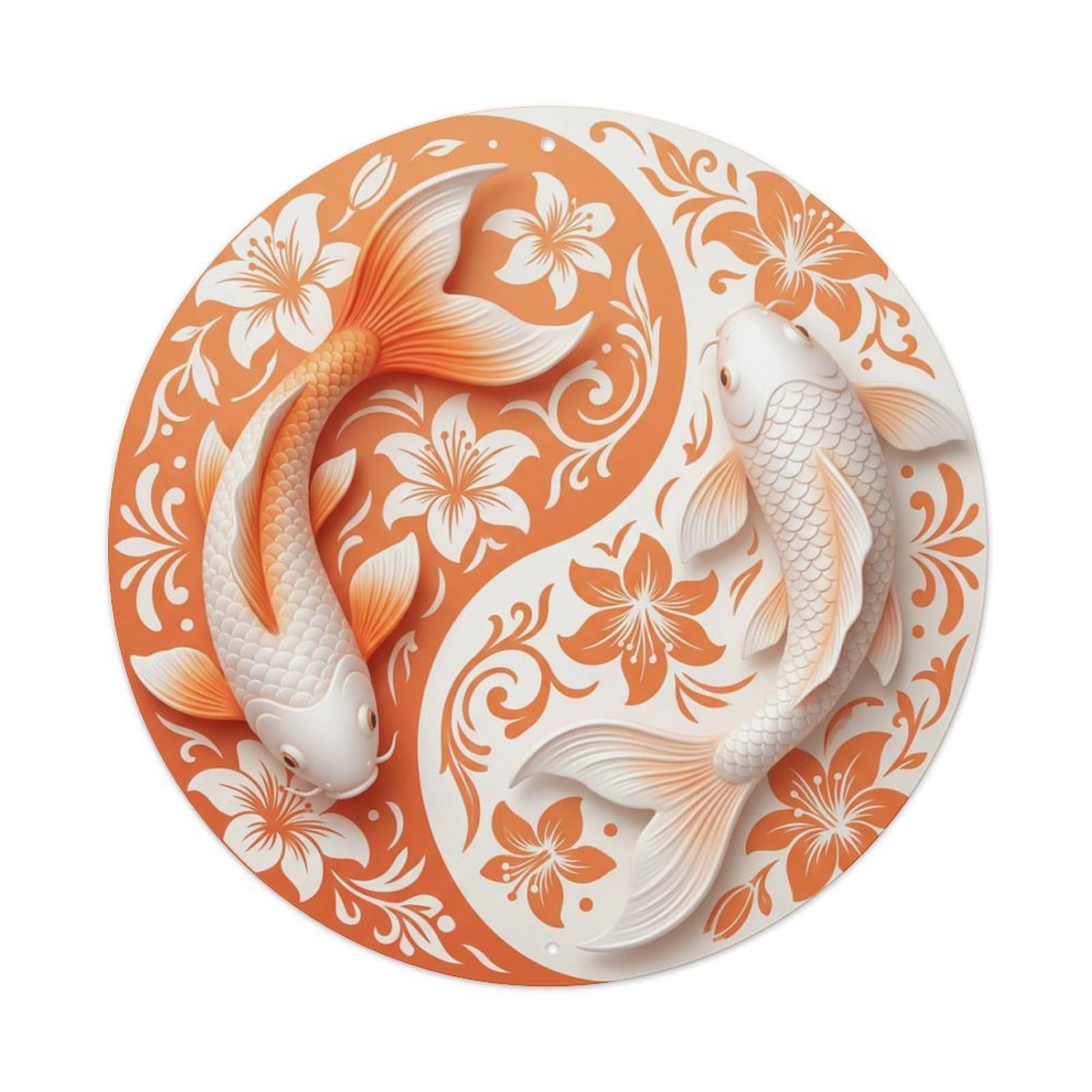 Metal Tin Sign Tai Chi Koi Fish Lily White Orange
