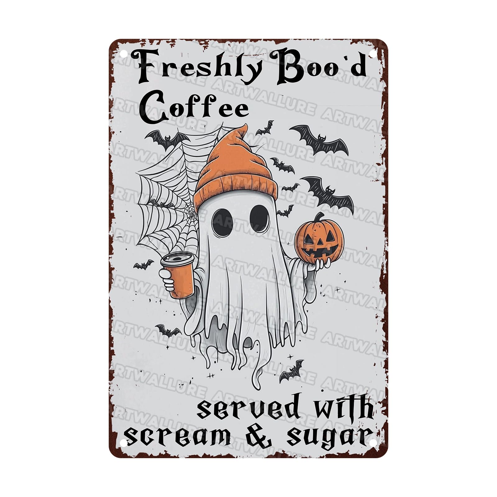 Anceky Vintage Signs Halloween Freshly Boo‘D Coffee Metal Tin Sign Funny Wall Decor For Kitcen Garage Farmhouse Backyard Home 12×16 Inch