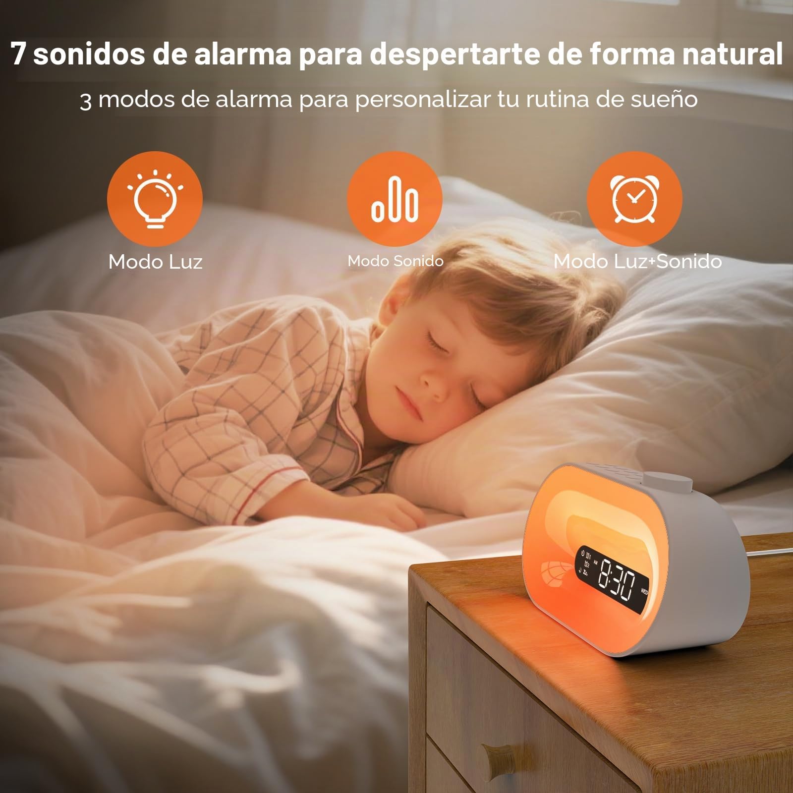Reloj despertador de amanecer, máquina de ruido blanco con 30 sonidos relajantes, 14 luces nocturnas, 0-100% de atenuación, alarma dual, temporizador, lámpara de noche digital para niños, adolescentes
