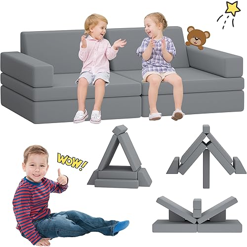 SENSWEET Kids Couch 8PCS, Nugget Couch Kids for Playroom Bedroom, Multifunctional Kids Couch Toddler Sofa for Indoor Outdoor,Style1,Medium