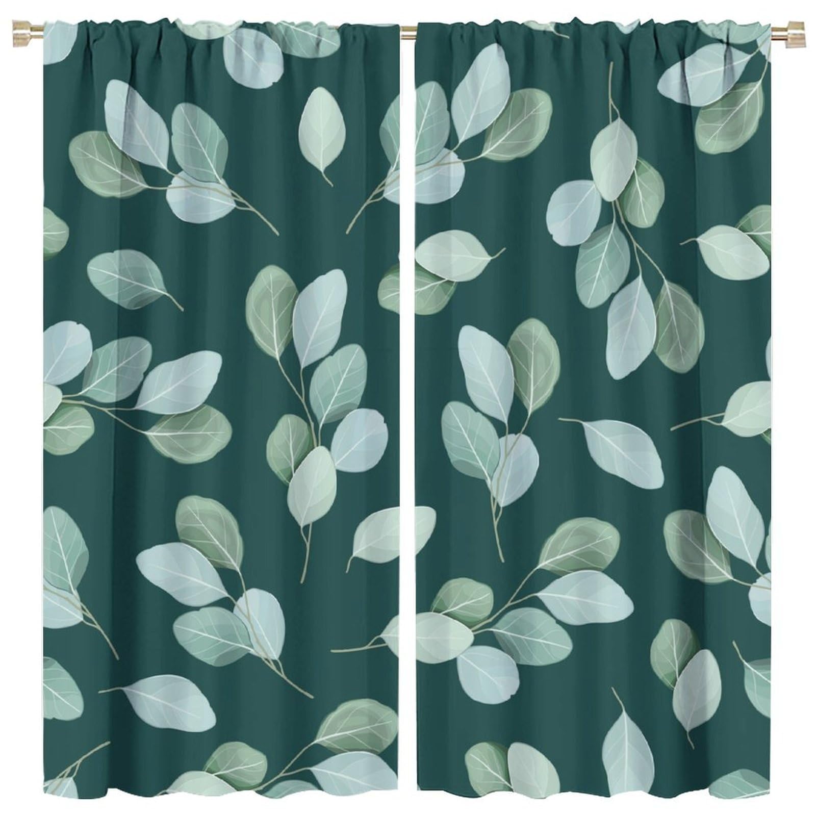 Eucalyptus Curtains Nature Botanical Blackish Green Leaves Pattern Blackout Print Rod Pocket Window Drapes for Bedroom Living Room 42x54in