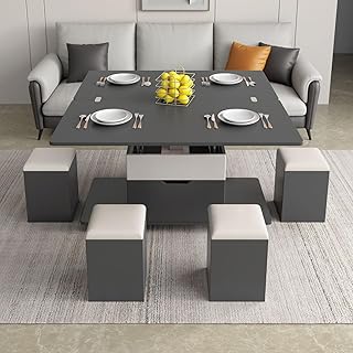 Guyii Lift Top Coffee Table with 4 Storage Stools, Expandable Dining Table for Living Room, 3-in-1 Multi-Functional Center...