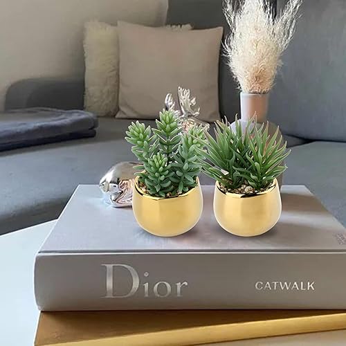 Miniatura 2 de Briful Pequeñas suculentas artificiales en macetas, juego de 2 plantas suculentas realistas con macetas de cerámica doradas, lindas mini plantas