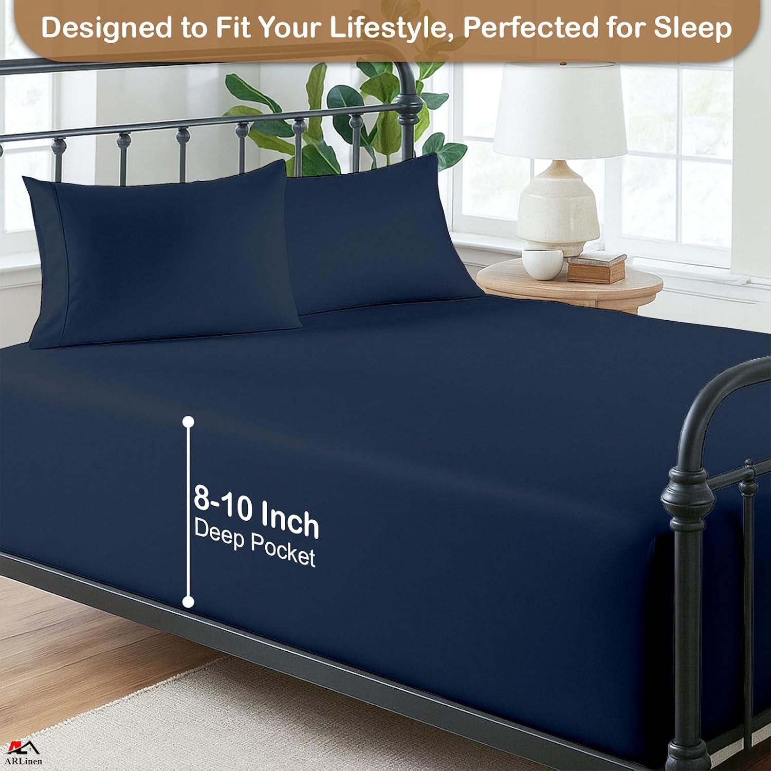 ARlinen Premium Cotton RV Sheet Set - Navy Blue Solid Camper King Size (70" x 80"), Motorhome & Travel Trailer Fitted Sheets for 8-10 Inch Deep Mattress, Soft & Breathable Bedding for RV Beds