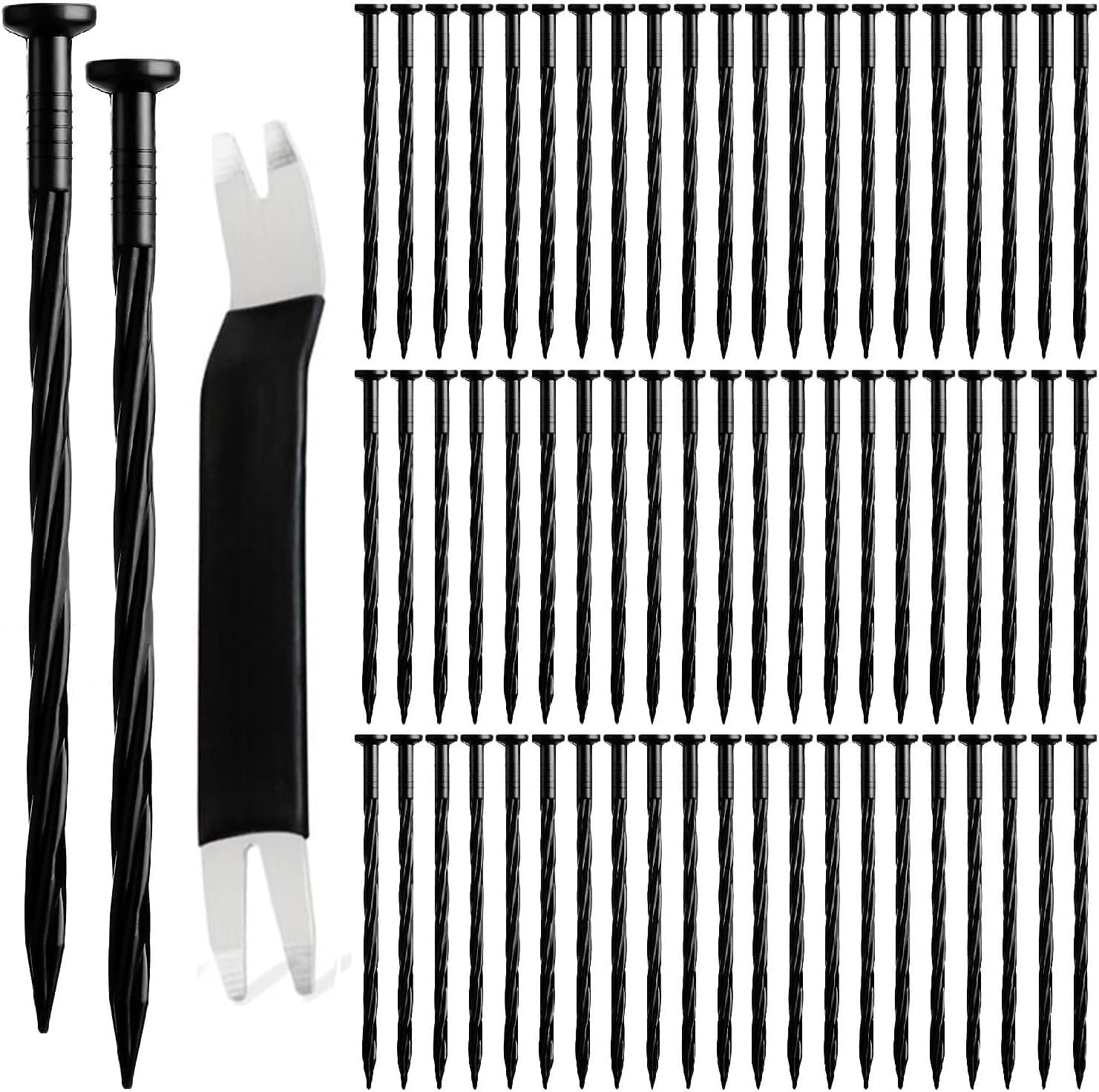65 Pcs Landscape Edging Stakes, 8 Inch Plastic Anchoring Spikes, Spiral Nails for Garden and Paver Barrier, Removal Tool Included
