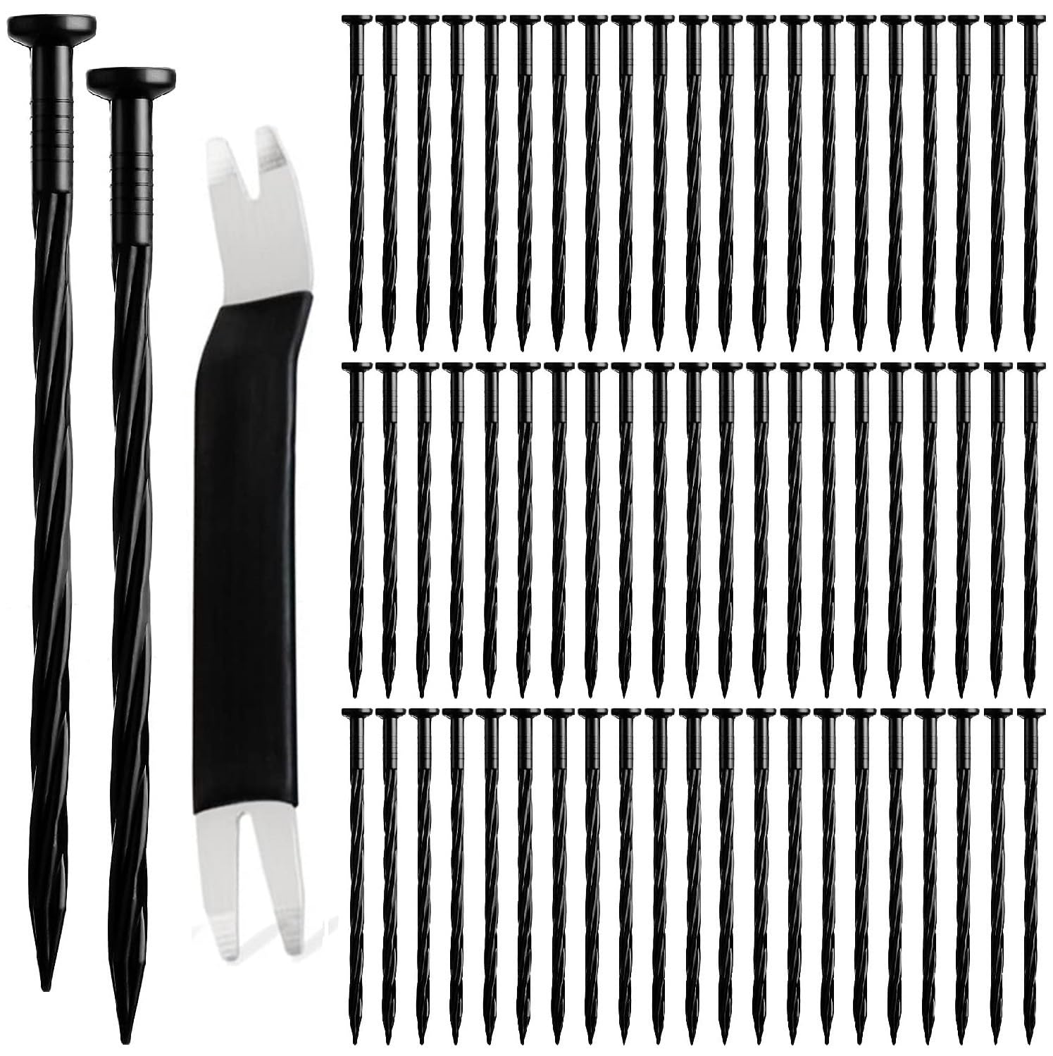 65 Pcs Landscape Edging Stakes, 8 Inch Plastic Anchoring Spikes, Spiral Nails for Garden and Paver Barrier, Removal Tool Included