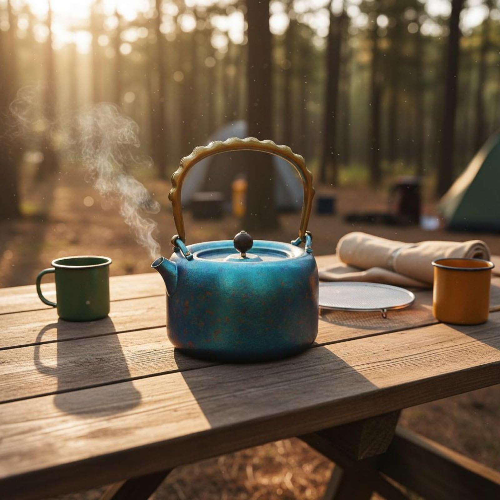 Tetera de Viaje al Aire Libre Tetera Hervidor Jarra Cafetera de Titanio Ligera y Resistente con Vertido Suave y Gran Capacidad Adecuada para Camping, Array, Azul Jingtailan