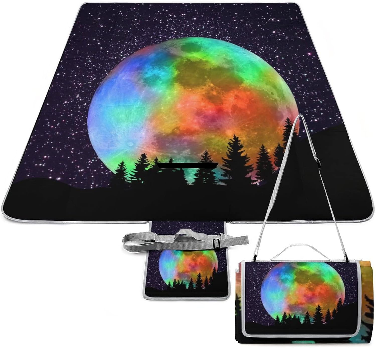 Modern Forest Full Moon PortableAnd Extra Large Picnic & Outdoor Blanket Fantasy Night Sky Colorful Rainbow Moon for The Beach Camping on Grass Waterproof Sandproof 58.3x58.3 Inch