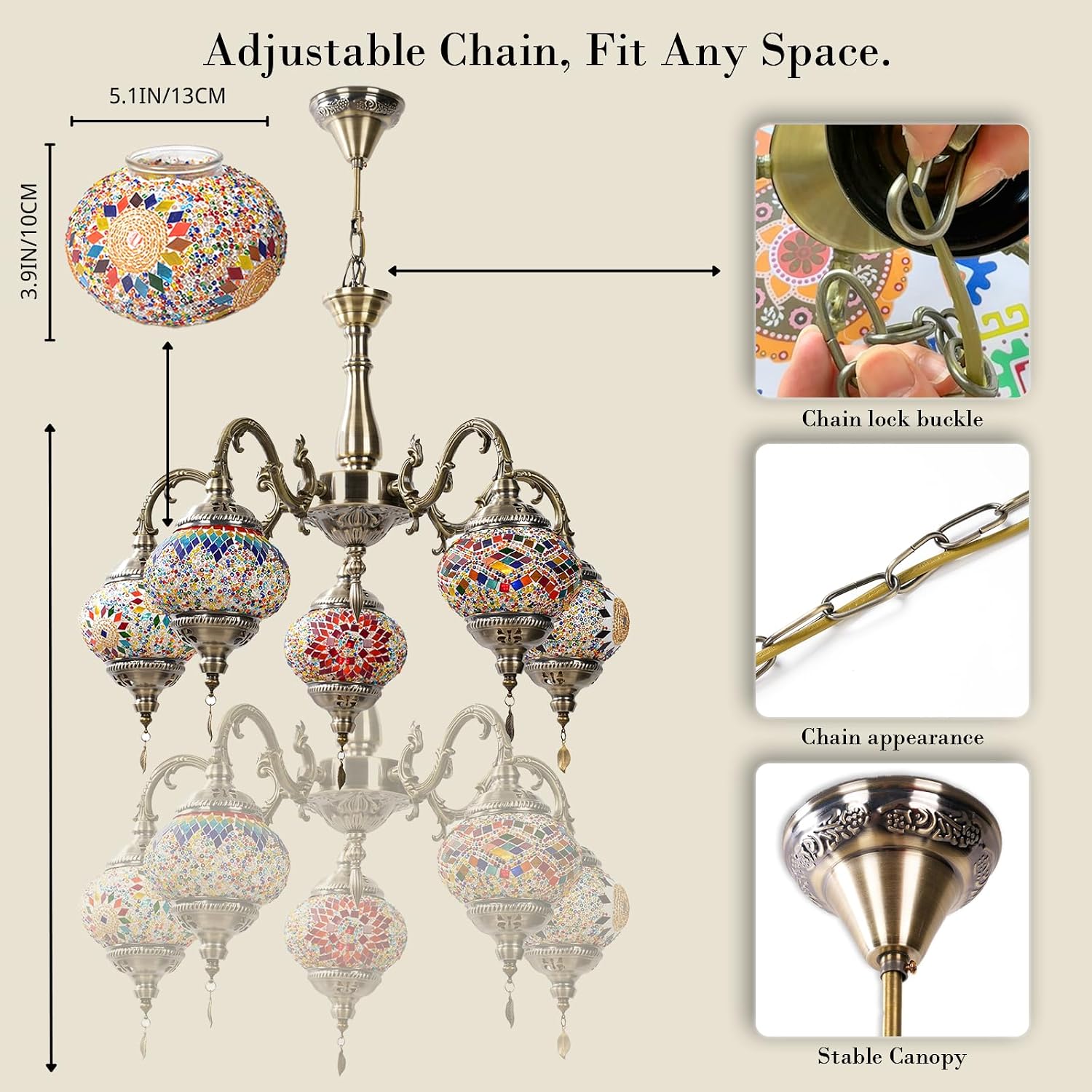 Turkish Moroccan Pendant Light,5-Light Chandelier with Upward Sweeping Arms, Mosaic Hanging Lamp for Bedroom & Living Room Ceiling (PL5130-X5)