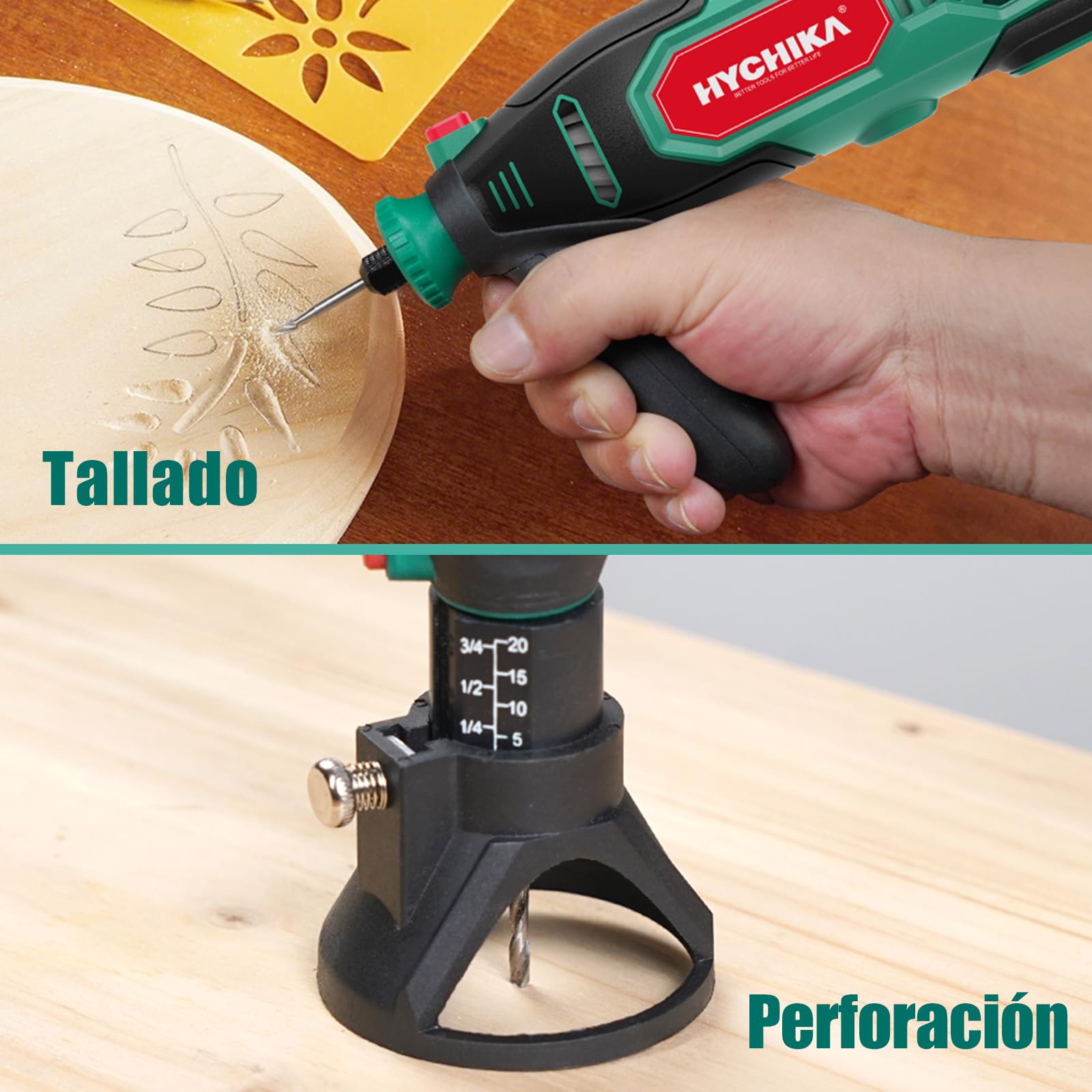 HYCHIKA Herramienta Rotativa 150W con afilador de motosierra. 7 velocidades 10 000-33 000 RPM.167 accesorios para lijar, pulir, cortar, taladrar y grabar
